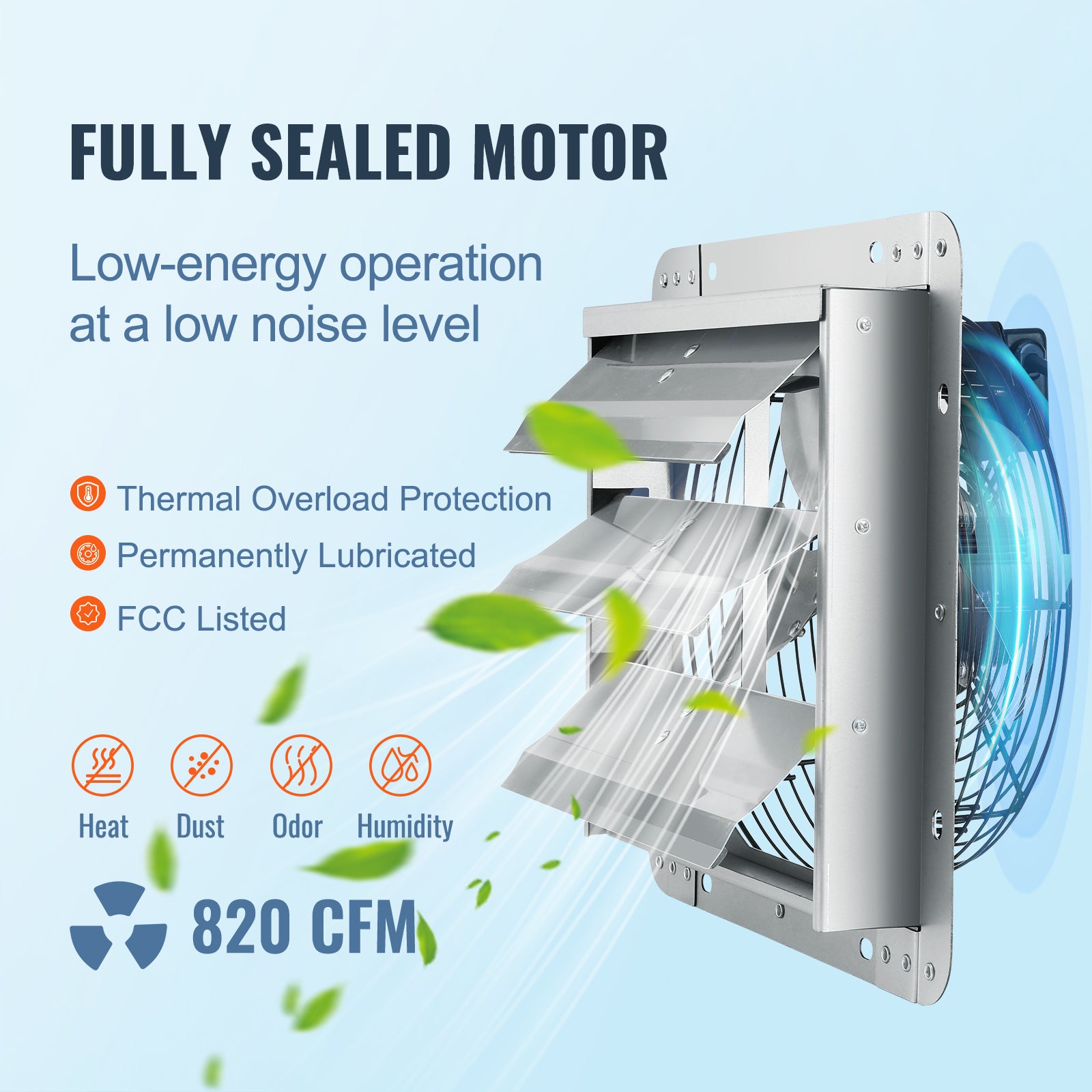 10'' Shutter Exhaust Fan, High-speed 820 CFM, Aluminum Wall Mount Attic Fan with AC-motor, Ventilation and Cooling for Greenhouses, Garages, Sheds, Shops, FCC