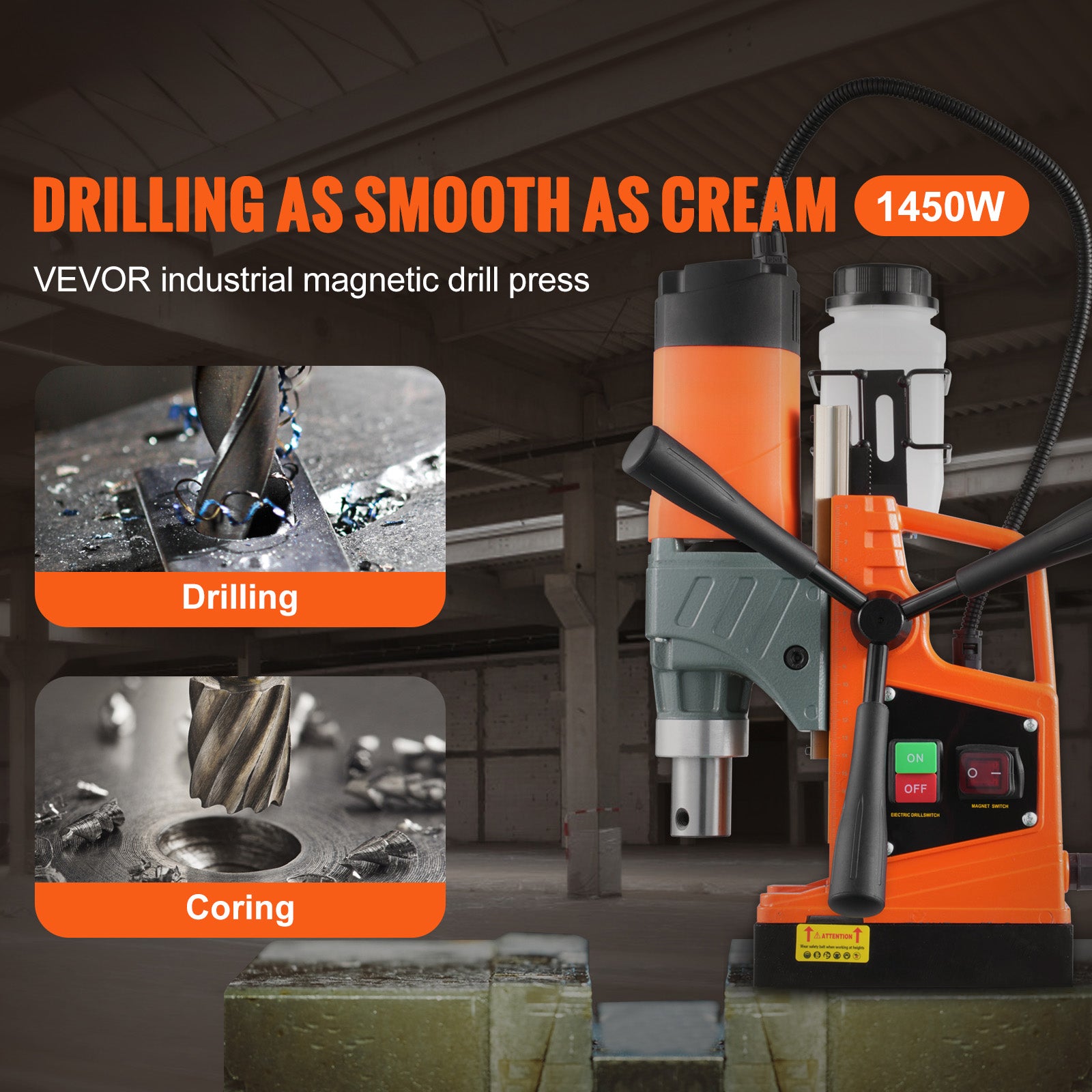 Magnetic Drill, 1450W 1.57" Boring Diameter, 12500N 850 RPM Portable Electric Mag Drill Press, Drilling Machine for any Surface Home Improvement Industry Railway