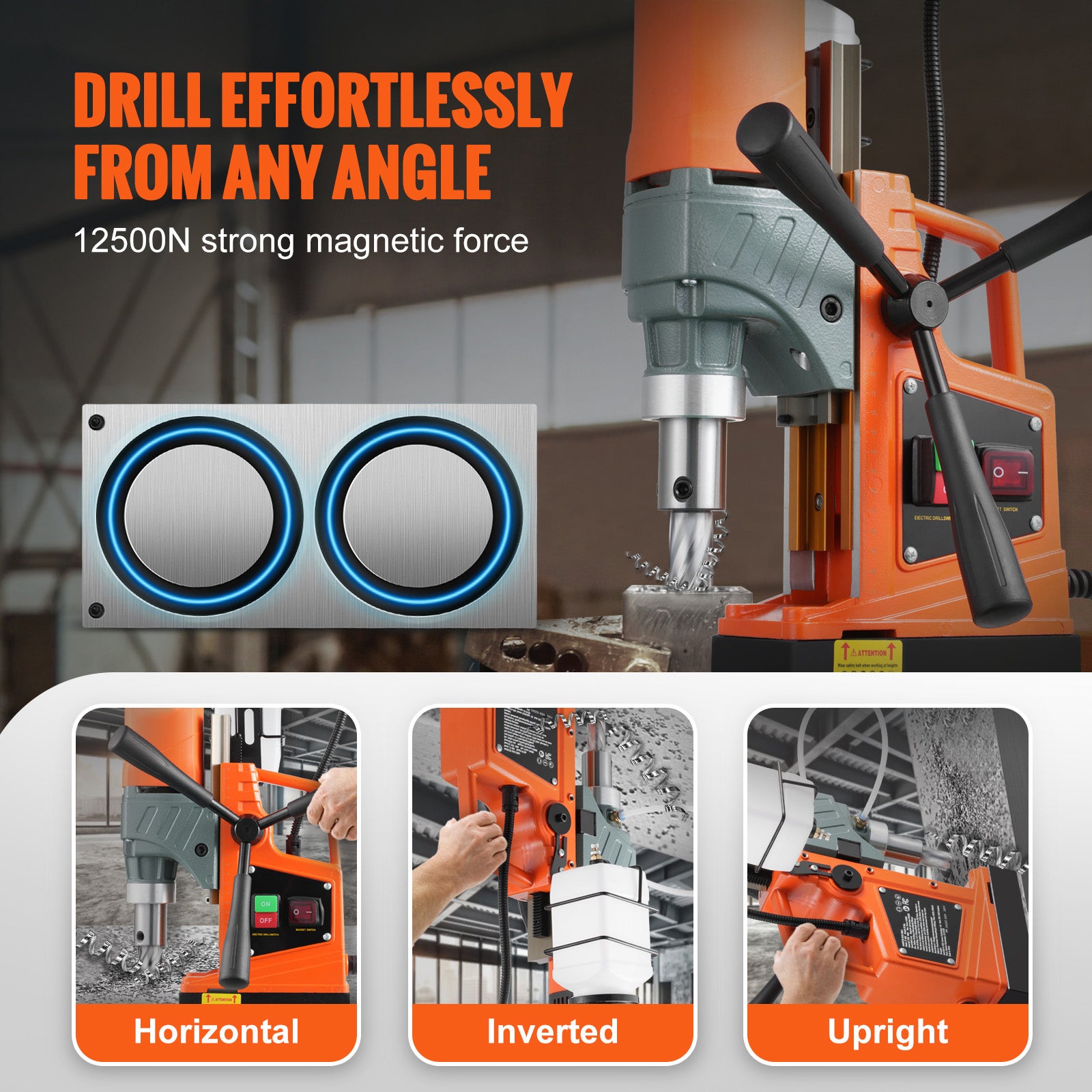 Magnetic Drill, 1450W 1.57" Boring Diameter, 12500N 850 RPM Portable Electric Mag Drill Press, Drilling Machine for any Surface Home Improvement Industry Railway