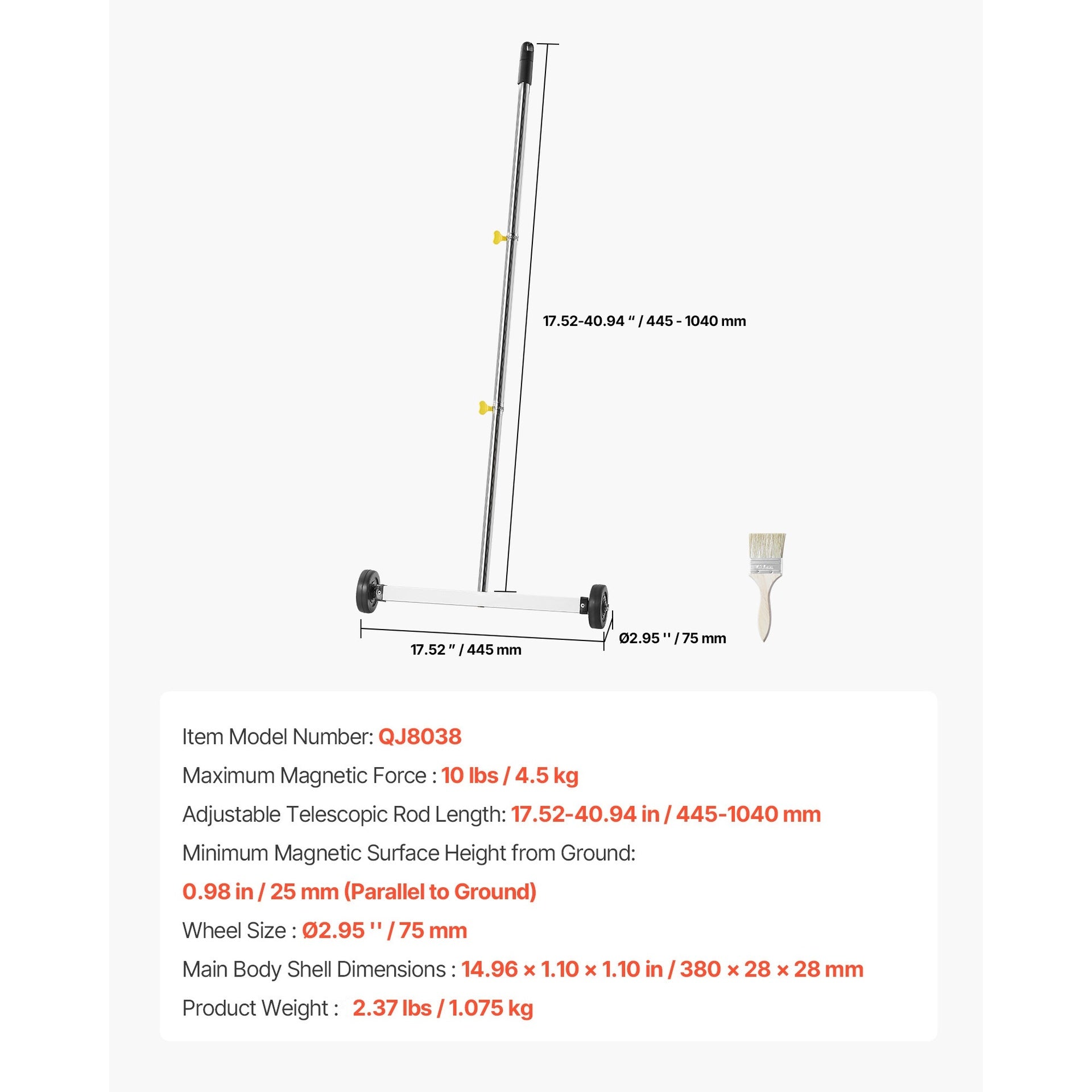Magnetic Sweeper with Wheels, 17 inch, 10 lbs Load Capacity, Lightweight Magnetic Pickup Sweeper with Adjustable Handle, Pick Up Nails and Screws, Easy Cleanup for Garages, Roofing Projects