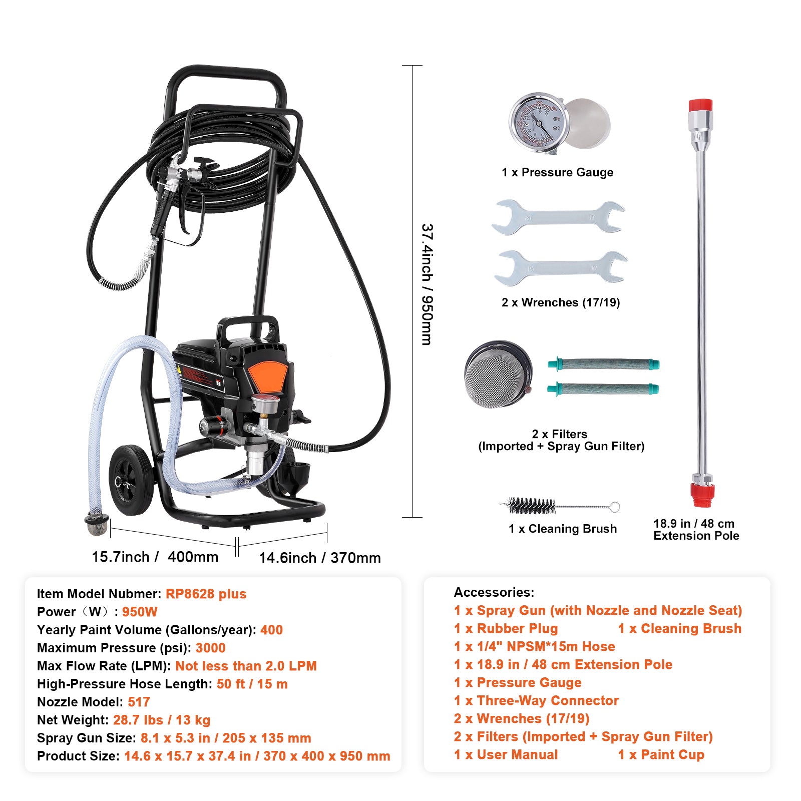 Stand Airless Paint Sprayer, 950W 3000PSI High Efficiency Electric Airless Sprayer With Cart, Paint Sprayers for Home Interior and Exterior Furniture and Fences, Fine And Even Painting Effect