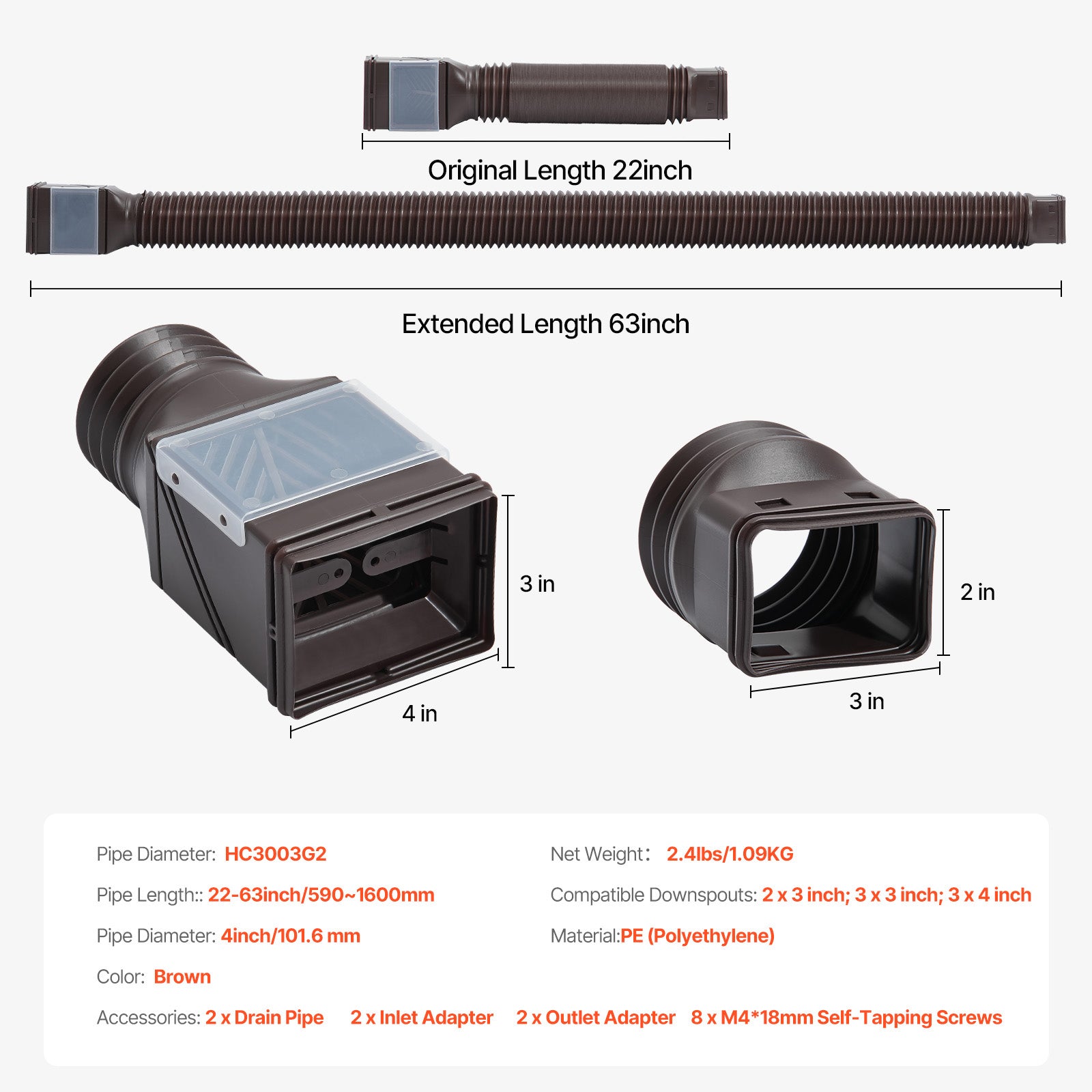 Rain Gutter Downspout Extensions 2-Pack Flexible Downspout Extender Brown