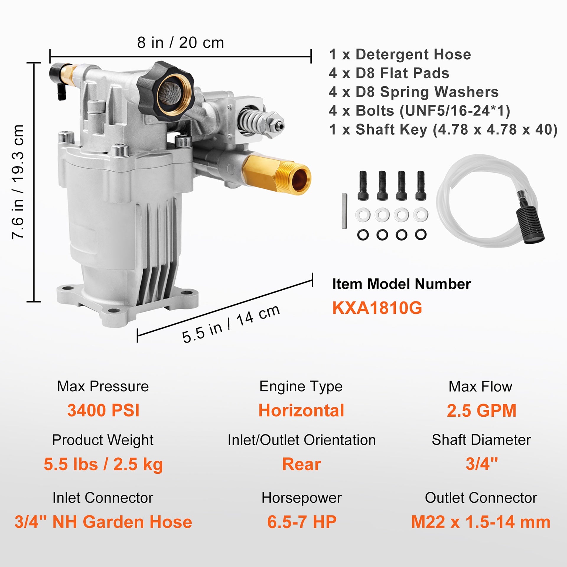 Pressure Washer Pump, 3/4" Shaft Horizontal, 3400 PSI, 2.5 GPM, Replacement Power Washer Pumps Kit, Parts Washer Pump, Compatible with Honda, Simpson, RYOBI, Briggs & Stratton, Subaru, Craftsman