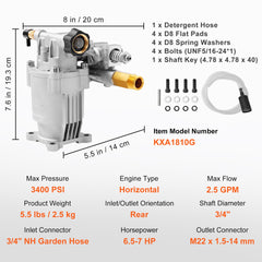 Pressure Washer Pump, 3/4" Shaft Horizontal, 3400 PSI, 2.5 GPM, Replacement Power Washer Pumps Kit, Parts Washer Pump, Compatible with Honda, Simpson, RYOBI, Briggs & Stratton, Subaru, Craftsman