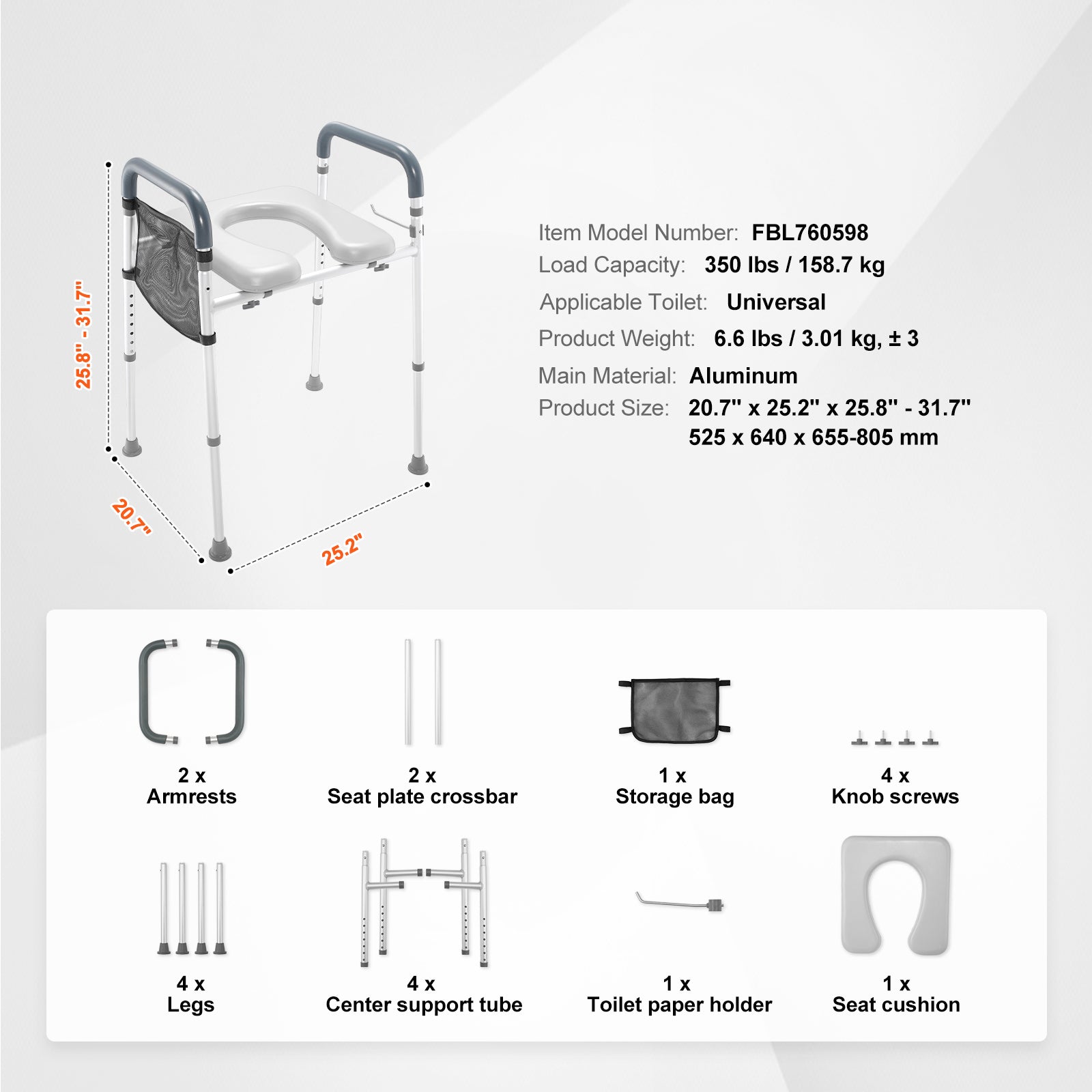 Raised Toilet Seat, 7-Position Height Adjustment 19.3" - 25.2", 350lbs Weight Capacity, with Comfort Padded Aluminum Frame, Universal Toilet Seat Riser, for Elderly, Handicap, Pregnant, Medical