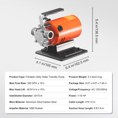 Water Transfer Pump, 120V AC 360 GPH 1/10 HP, Portable Electric Utility Pump with 6 ft Suction Hose Kit, Carbon Brushes, Impeller, Suction Strainer, for Garden, Rain Barrel, Pool, Pond, Aquarium