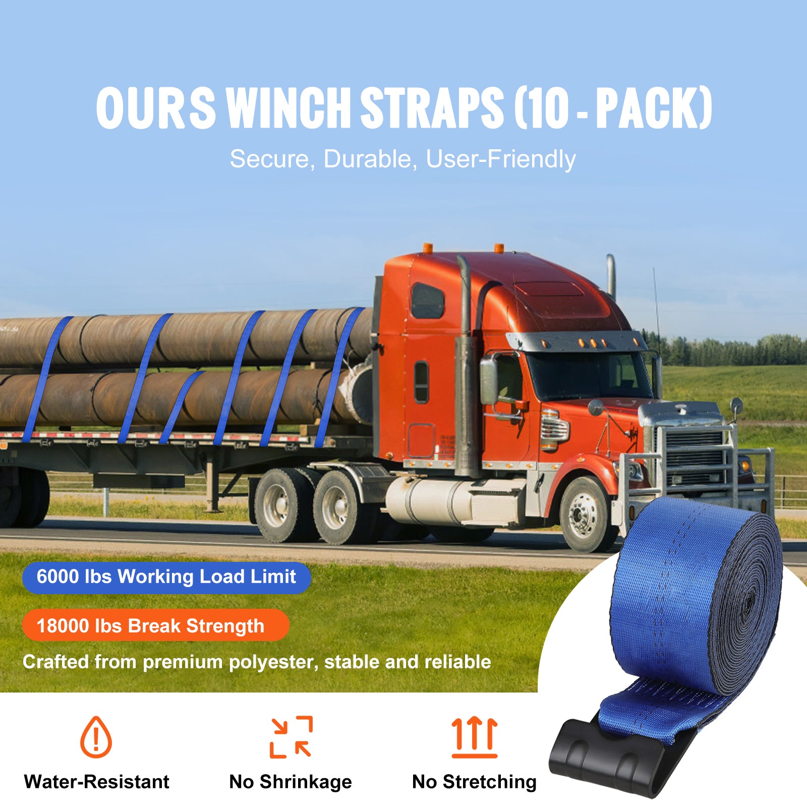 Winch Straps, 4" x 30', 6000 lbs Load Capacity, 18000 lbs Breaking Strength, Truck Straps with Flat Hook, Flatbed Tie Downs Cargo Control for Trailers, Farms, Rescues, Tree Saver, Blue (10 Pack)