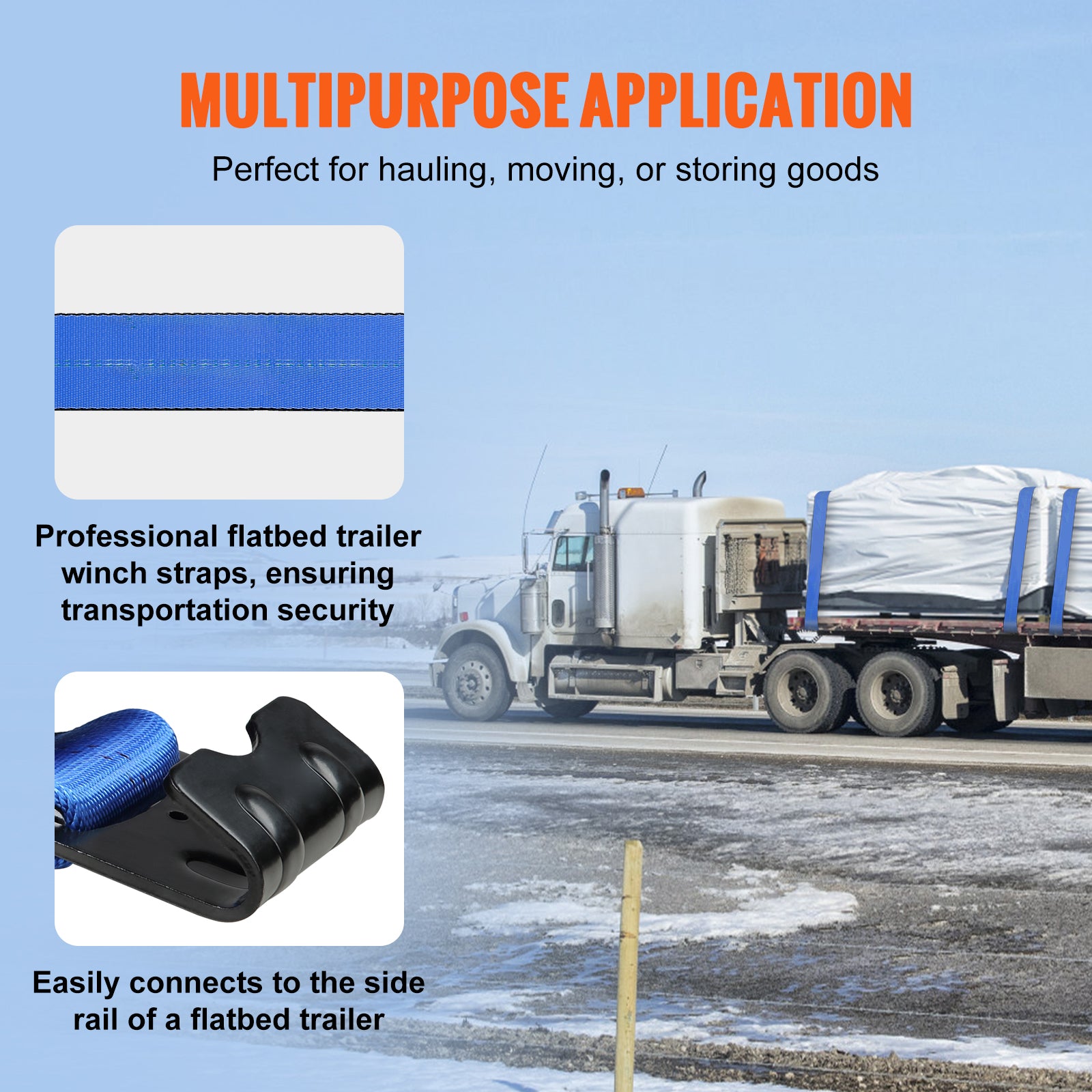 Winch Straps, 4" x 30', 6000 lbs Load Capacity, 18000 lbs Breaking Strength, Truck Straps with Flat Hook, Flatbed Tie Downs Cargo Control for Trailers, Farms, Rescues, Tree Saver, Blue (10 Pack)