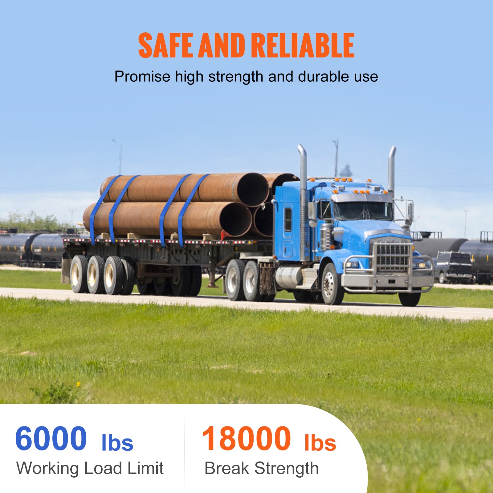 Winch Straps, 4" x 30', 6000 lbs Load Capacity, 18000 lbs Breaking Strength, Truck Straps with Flat Hook, Flatbed Tie Downs Cargo Control for Trailers, Farms, Rescues, Tree Saver, Blue (10 Pack)