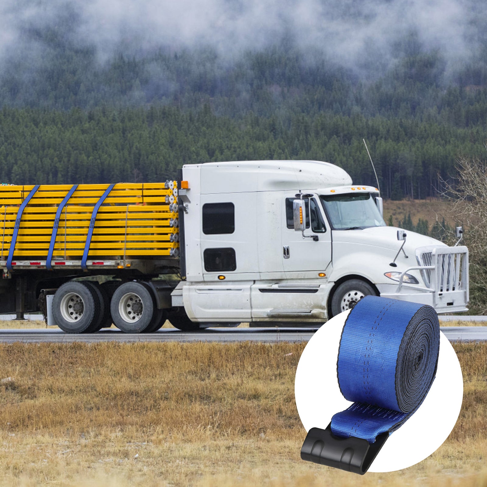 Winch Straps, 4" x 30', 6000 lbs Load Capacity, 18000 lbs Breaking Strength, Truck Straps with Flat Hook, Flatbed Tie Downs Cargo Control for Trailers, Farms, Rescues, Tree Saver, Blue (10 Pack)