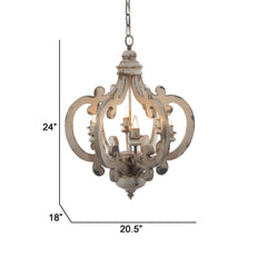Aki 21 Inch 6 Light Chandelier, Carved Wood Frame, Classic, Vintage, White