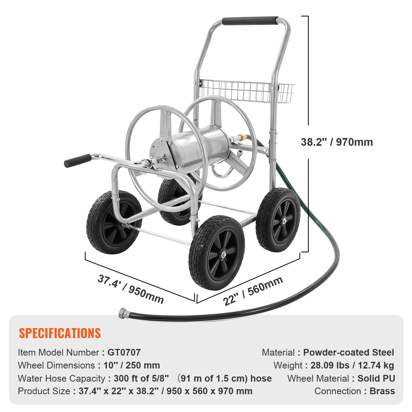 Hose Reel Cart, Hold Up to 300 ft of 5/8 Hose, Garden Water Hose Carts Mobile Tools with 4 Wheels, Heavy Duty Powder-coated Steel Outdoor Planting with Storage Basket, for Garden, Yard, Lawn