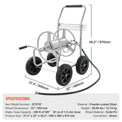 Hose Reel Cart, Hold Up to 300 ft of 5/8 Hose, Garden Water Hose Carts Mobile Tools with 4 Wheels, Heavy Duty Powder-coated Steel Outdoor Planting with Storage Basket, for Garden, Yard, Lawn