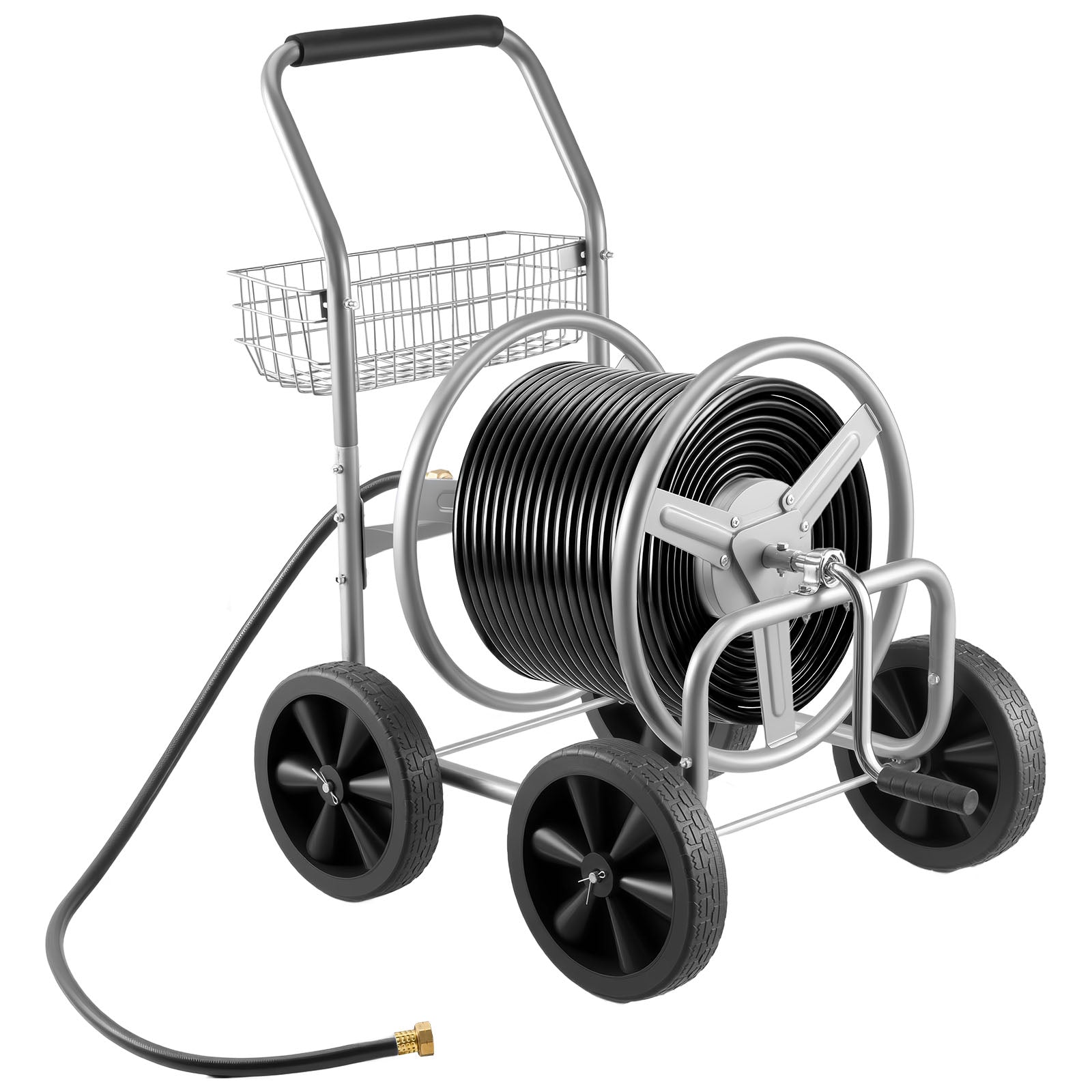 Hose Reel Cart, Hold Up to 300 ft of 5/8 Hose, Garden Water Hose Carts Mobile Tools with 4 Wheels, Heavy Duty Powder-coated Steel Outdoor Planting with Storage Basket, for Garden, Yard, Lawn
