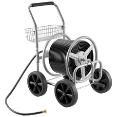 Hose Reel Cart, Hold Up to 300 ft of 5/8 Hose, Garden Water Hose Carts Mobile Tools with 4 Wheels, Heavy Duty Powder-coated Steel Outdoor Planting with Storage Basket, for Garden, Yard, Lawn