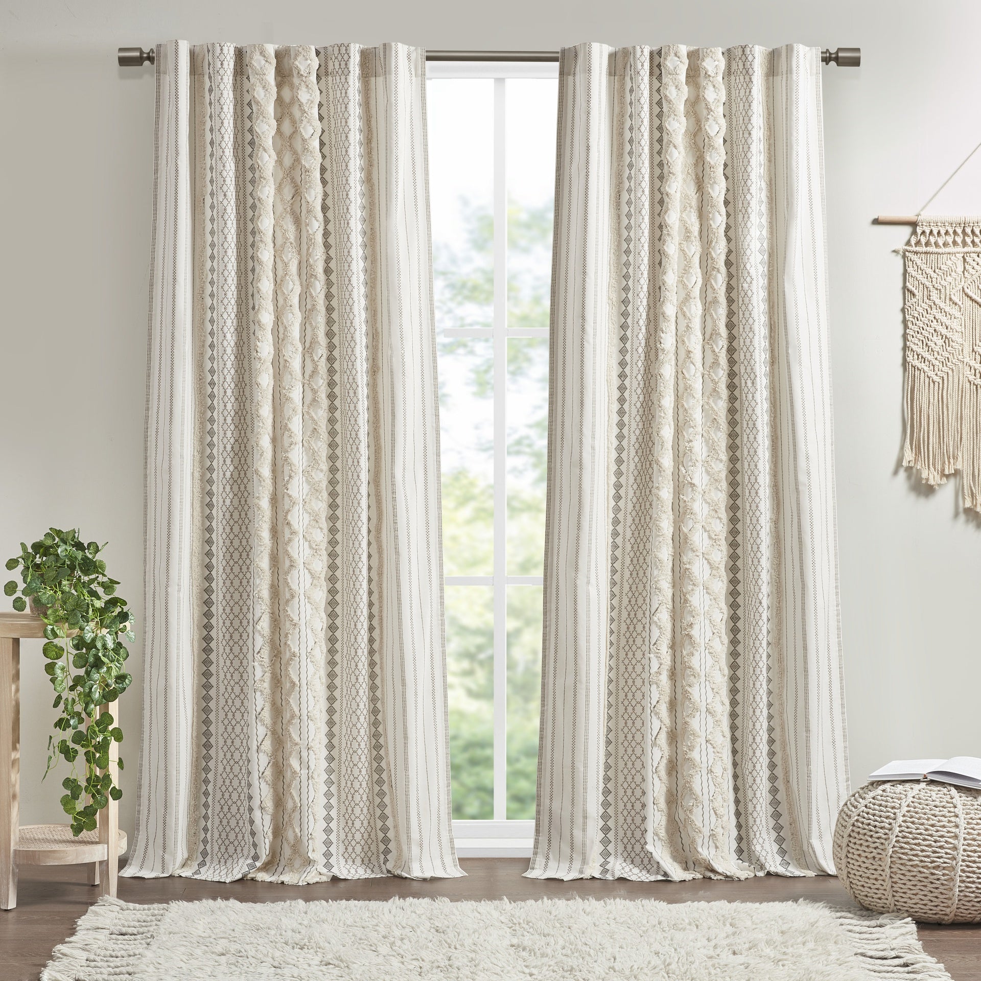 1PC 50x108" Cotton Printed Curtain Panel with Chenille Stripe and Lining