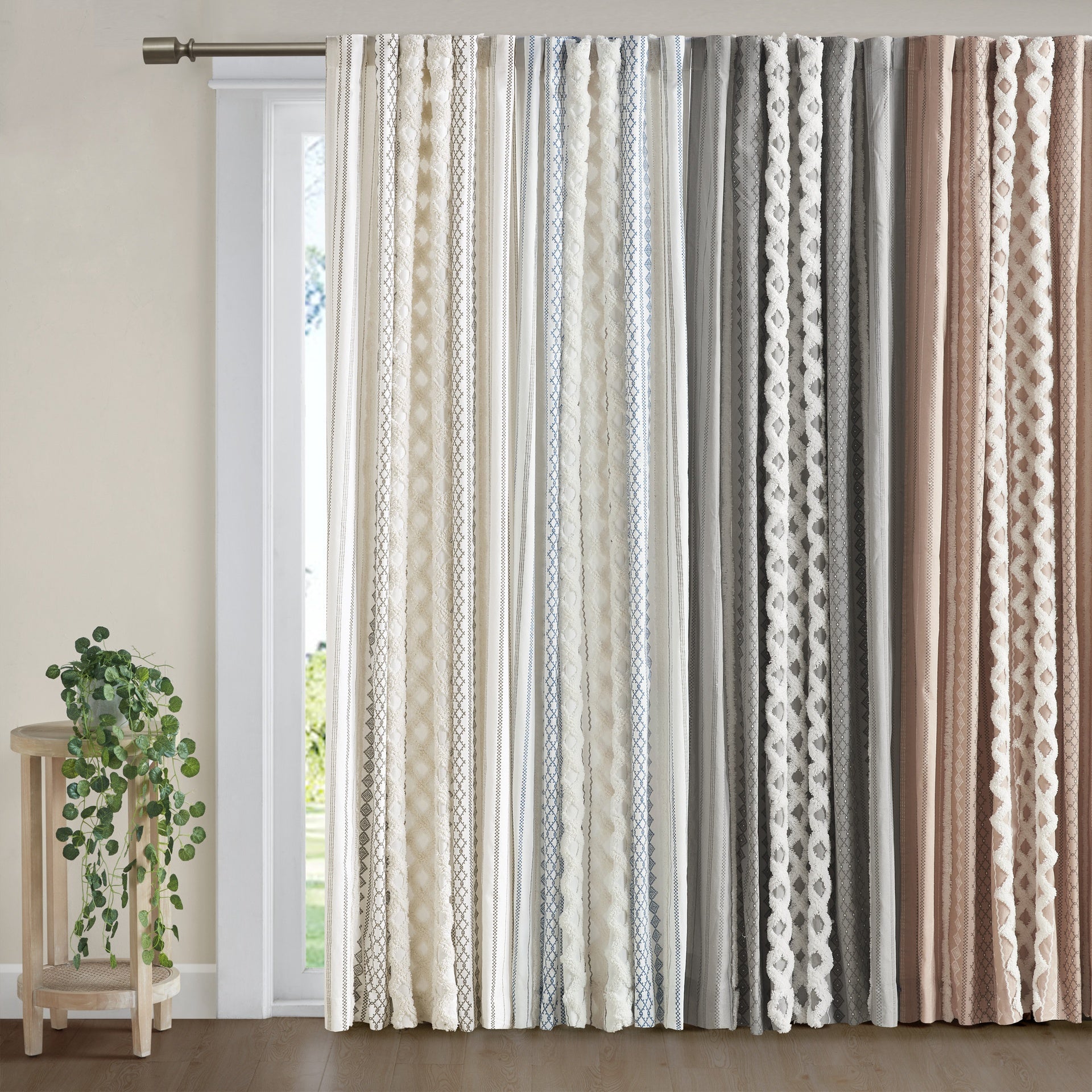 1PC 50x108" Cotton Printed Curtain Panel with Chenille Stripe and Lining