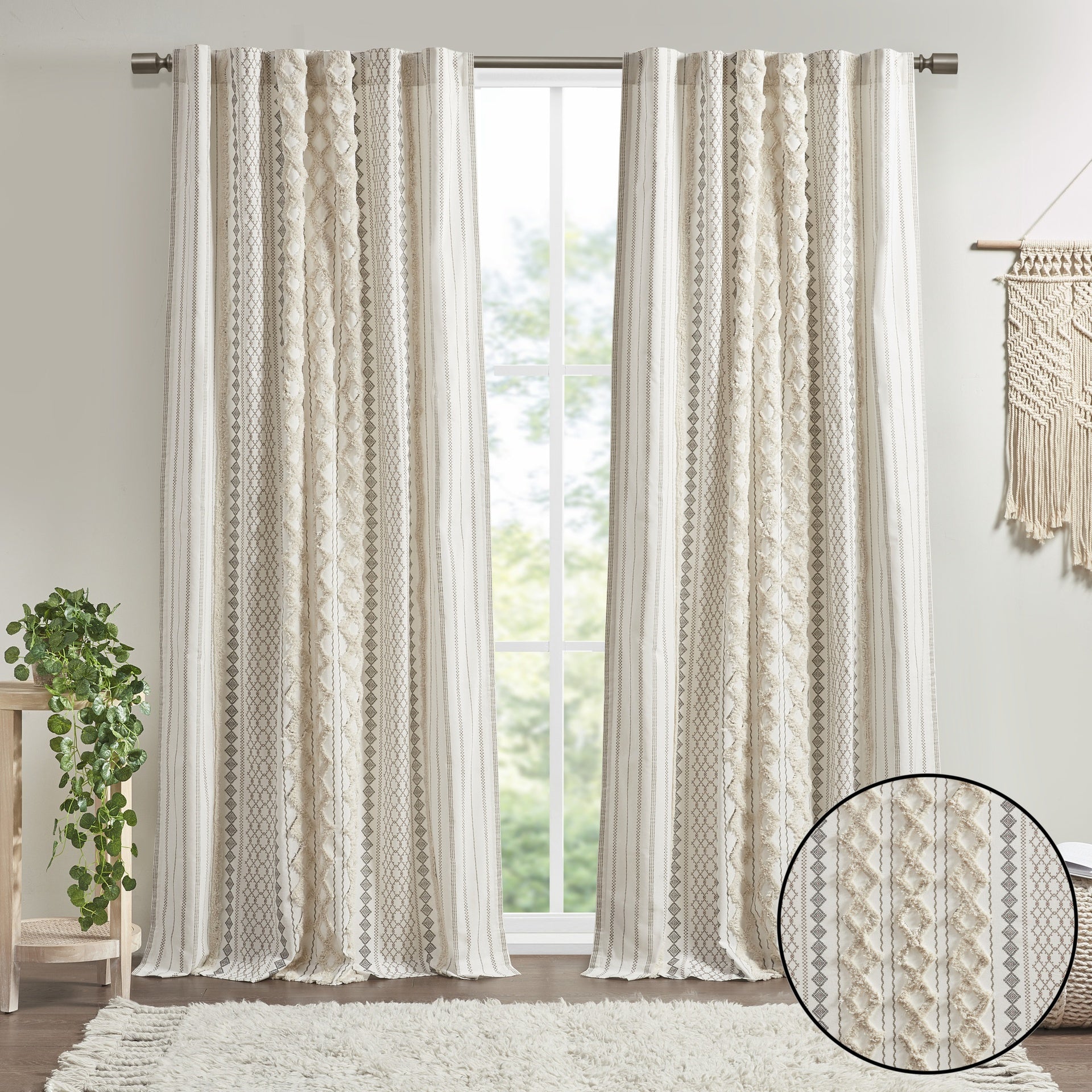 1PC 50x108" Cotton Printed Curtain Panel with Chenille Stripe and Lining