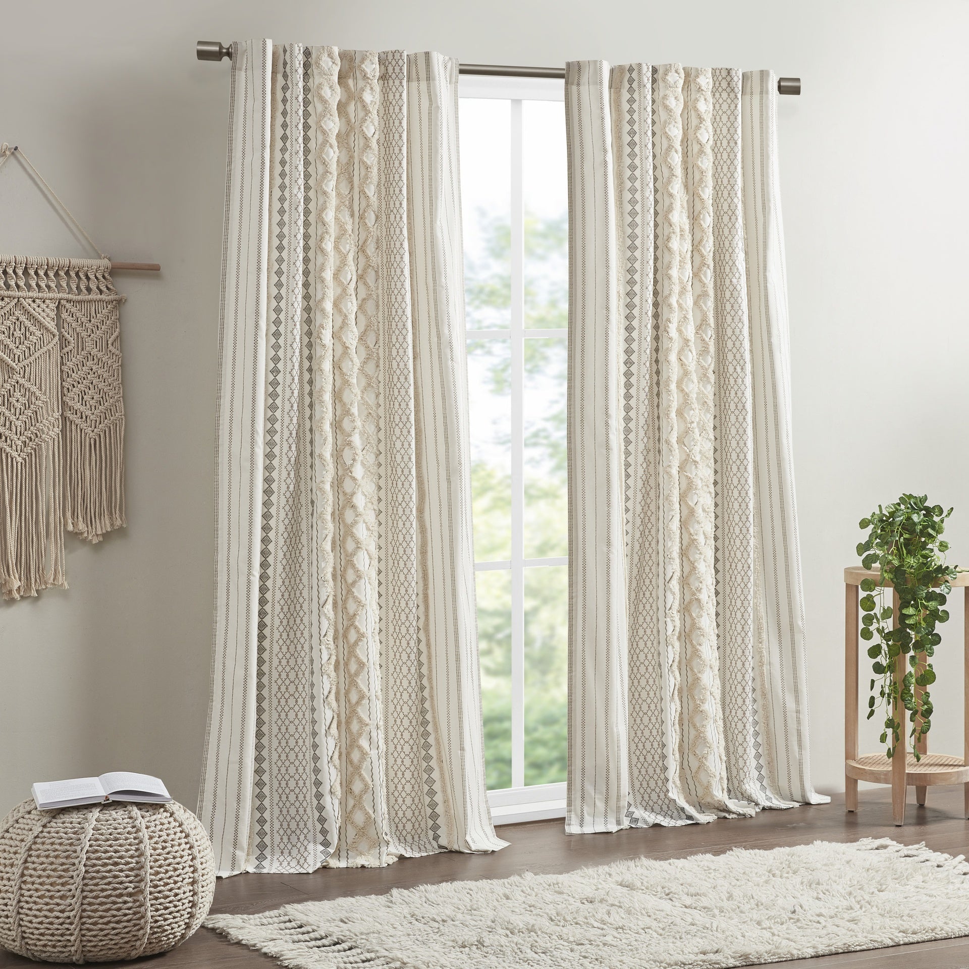 1PC 50x108" Cotton Printed Curtain Panel with Chenille Stripe and Lining