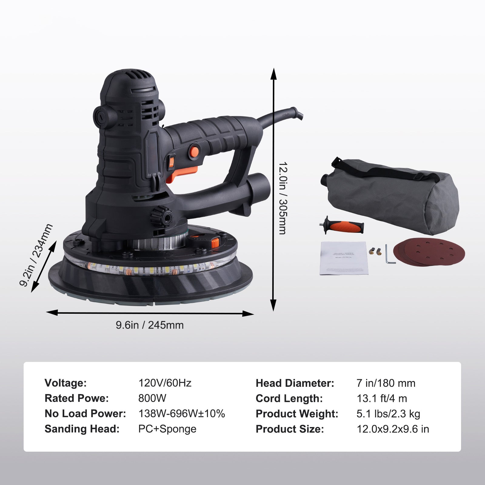 Drywall Sander 800W Brush Motor 1200-2300RPM Variable Speed & Auto Vacuum