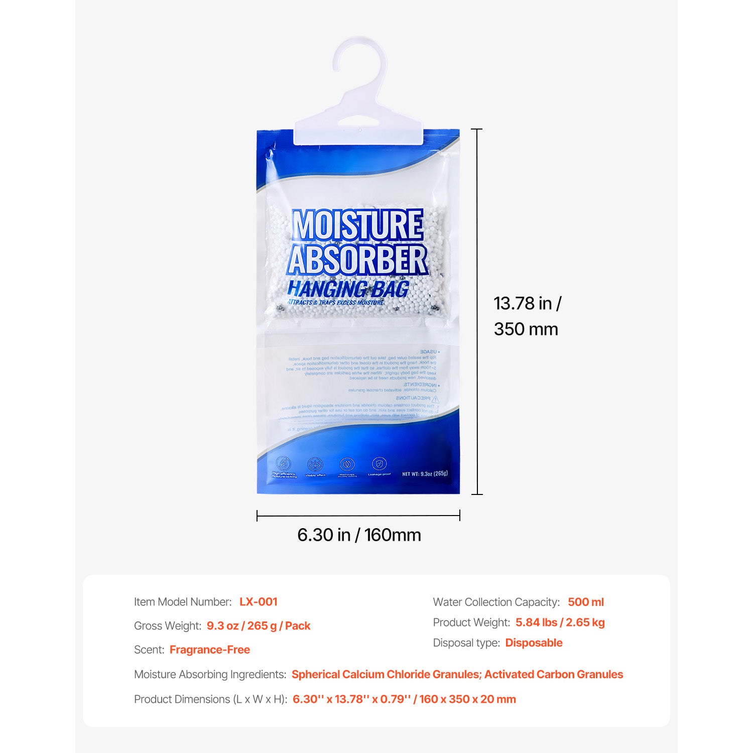 Hanging Moisture Absorber, 9.3 oz Hanging Closet Dehumidifier Bags(10 Packs), Fragrance Free Moisture Bags in Wardrobes, Bedrooms, Bathrooms