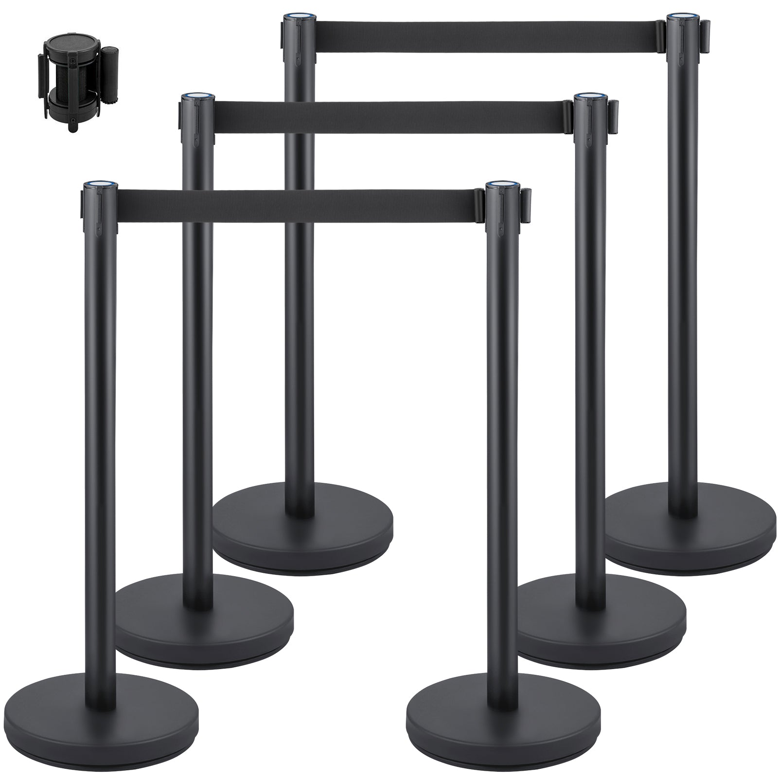 Crowd Control Stanchion, Set of 6 Pieces Stanchion Set, Stanchion Set with 6.6 ft/2 m Black Retractable Belt, Black Crowd Control Barrier w/Concrete and Metal Base - Easy Connect Assembly
