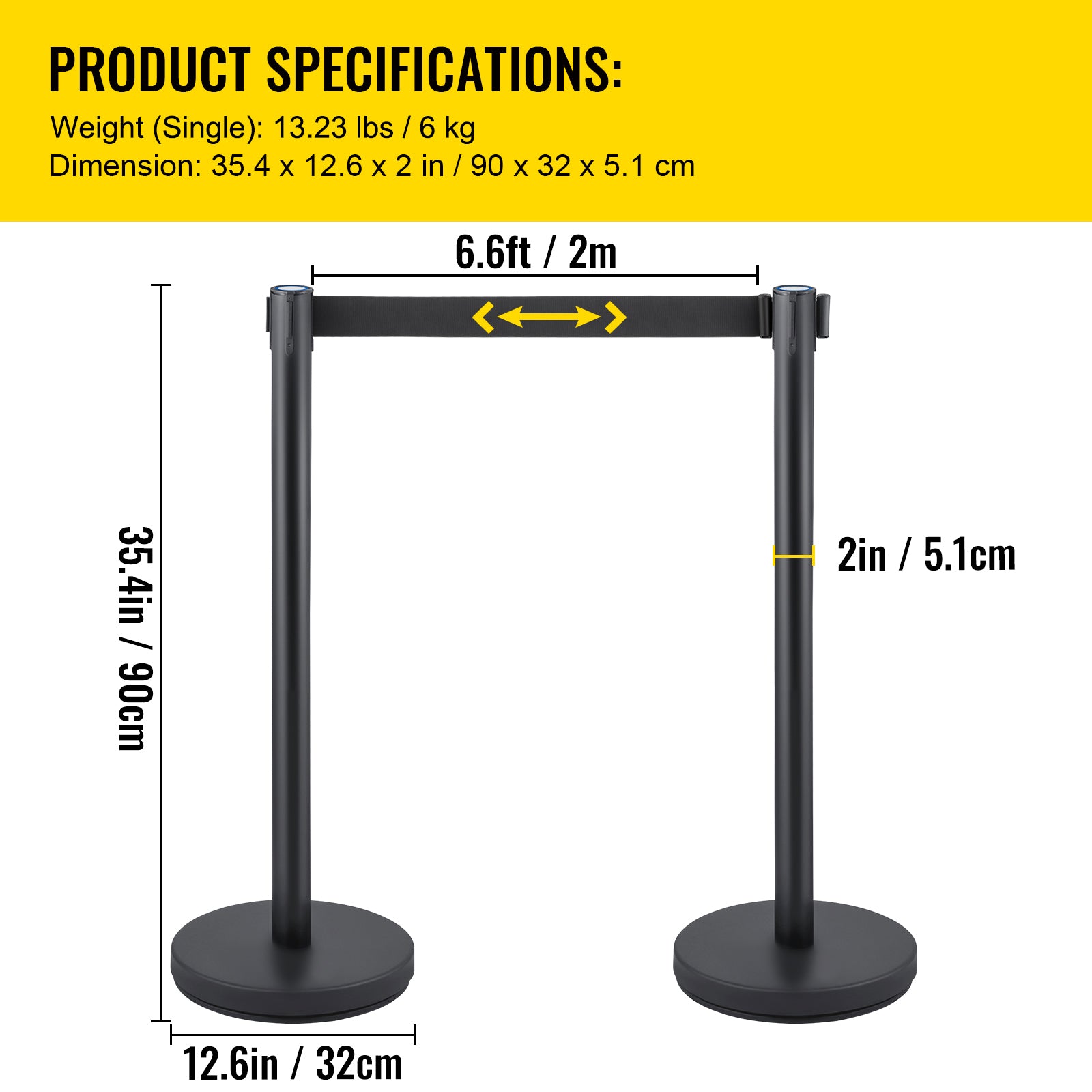 Crowd Control Stanchion, Set of 6 Pieces Stanchion Set, Stanchion Set with 6.6 ft/2 m Black Retractable Belt, Black Crowd Control Barrier w/Concrete and Metal Base - Easy Connect Assembly