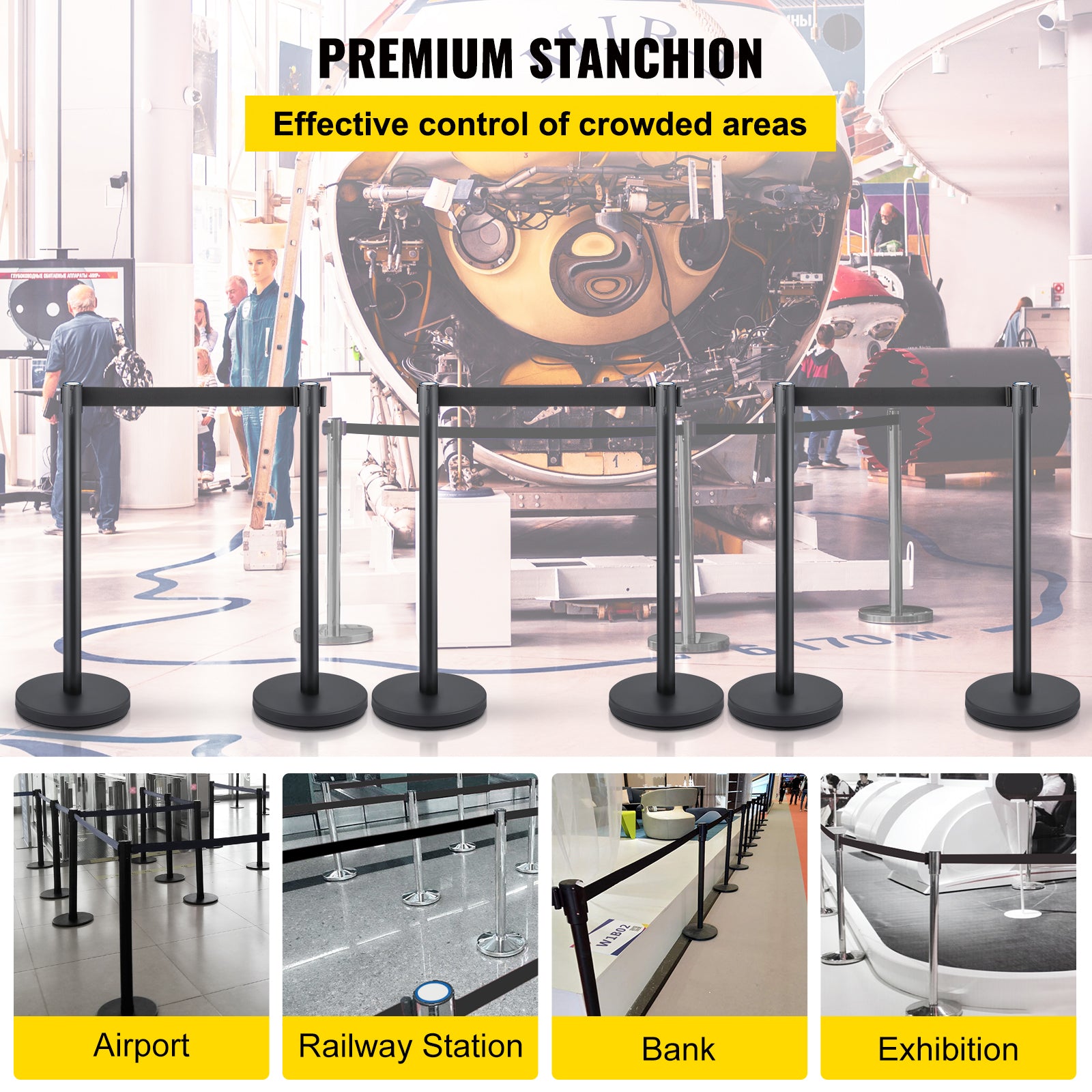 Crowd Control Stanchion, Set of 6 Pieces Stanchion Set, Stanchion Set with 6.6 ft/2 m Black Retractable Belt, Black Crowd Control Barrier w/Concrete and Metal Base - Easy Connect Assembly
