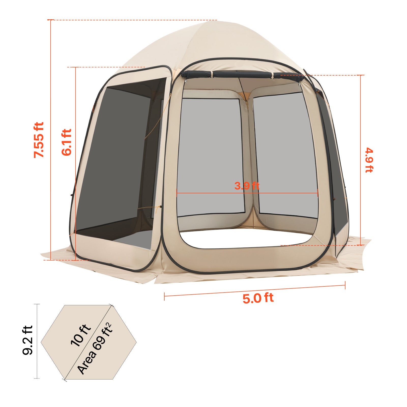 Screen House Tent, 10 x 9.2 ft, 4-8 Person Pop Up Screen Tent, Portable Screened in Canopy with Carry Bag, Netting Sides, Ground Stakes, for Garden, Patio, Backyard, Outdoor Activities, Beige