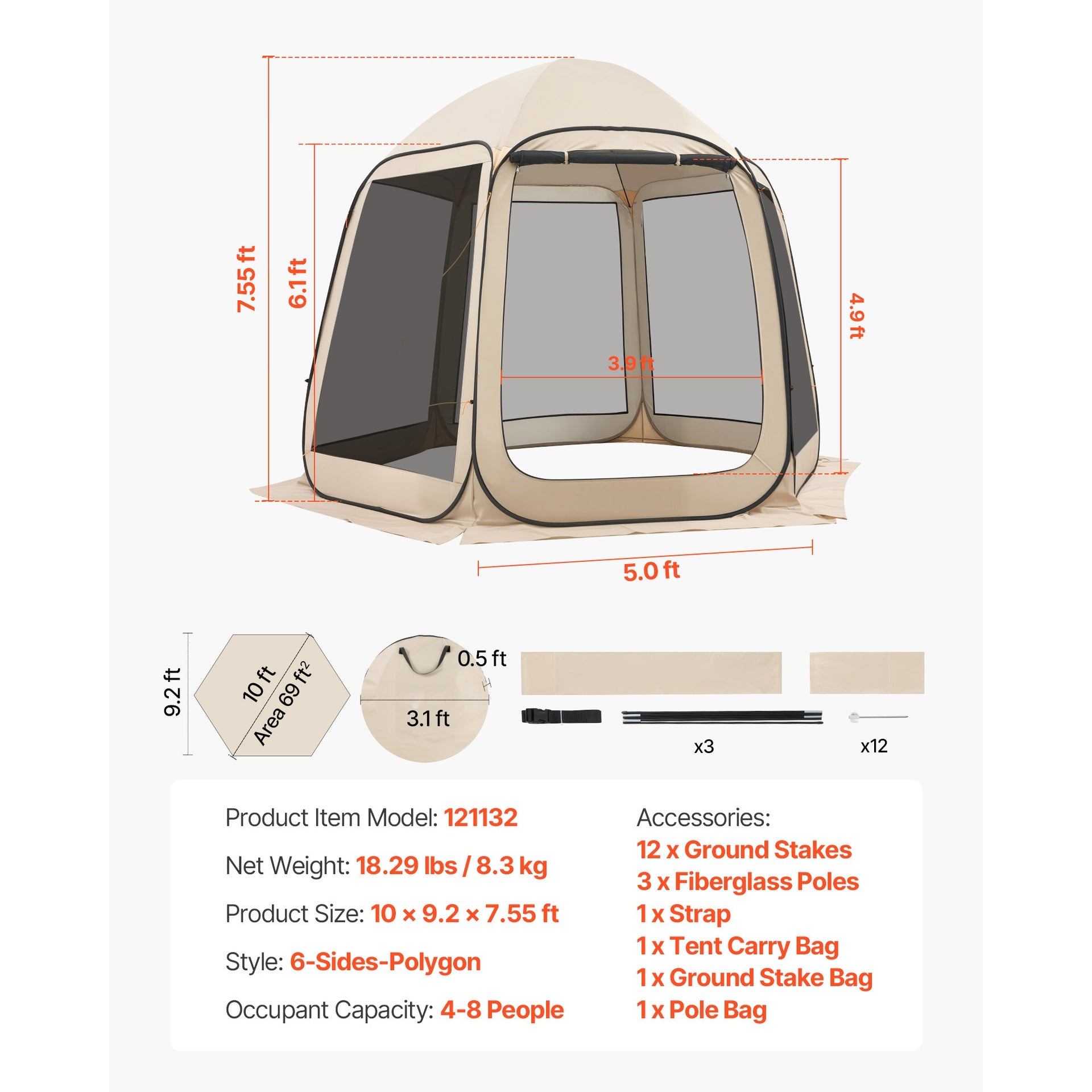 Screen House Tent, 10 x 9.2 ft, 4-8 Person Pop Up Screen Tent, Portable Screened in Canopy with Carry Bag, Netting Sides, Ground Stakes, for Garden, Patio, Backyard, Outdoor Activities, Beige