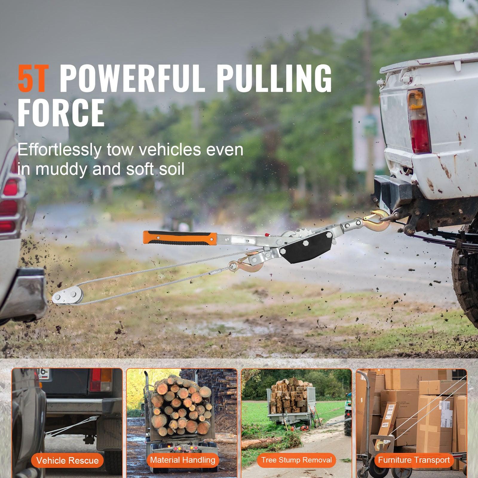 Come Along Winch, 5 Ton (11,023 lbs) Pulling Capacity, 11.5 ft Steel Cable, 3 Hooks, Heavy Duty Ratchet Power Puller Tool with Dual Gears, Automotive Hoist Cable Puller Ideal for Vehicle Rescue