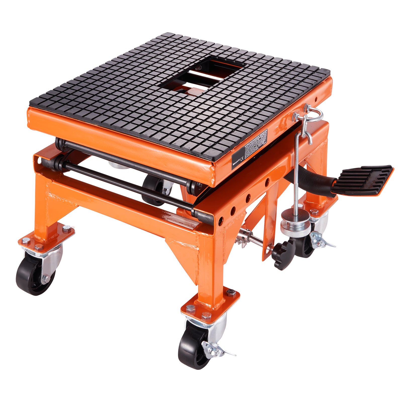Hydraulic Motorcycle Lift Table, 350 LBS Capacity Motorcycle Scissor Jack Lift with Wide Deck, J-hooks, 4 Wheels, Hydraulic Foot-Operated Jack Stand for ATV Dirt Bikes
