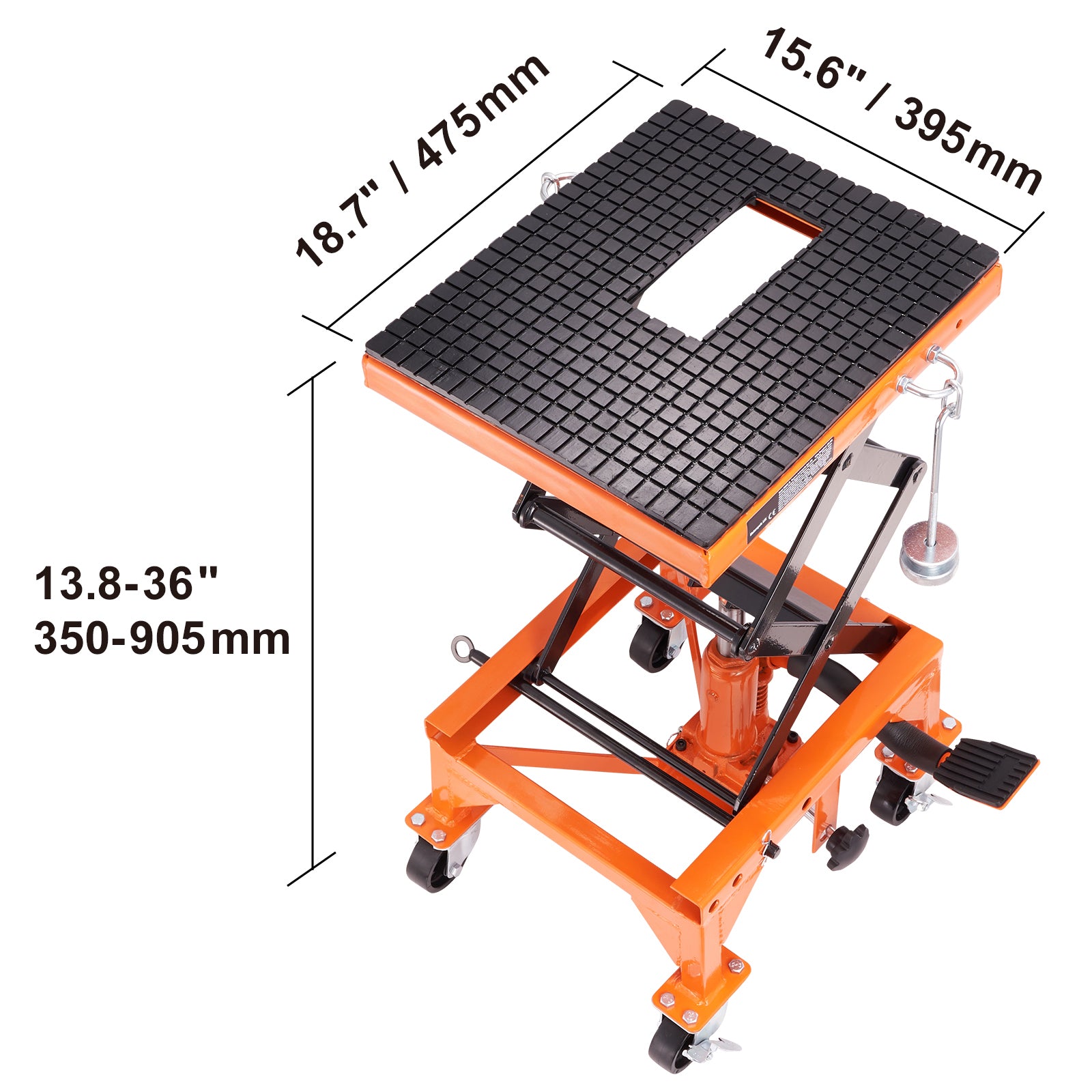 Hydraulic Motorcycle Lift Table, 350 LBS Capacity Motorcycle Scissor Jack Lift with Wide Deck, J-hooks, 4 Wheels, Hydraulic Foot-Operated Jack Stand for ATV Dirt Bikes