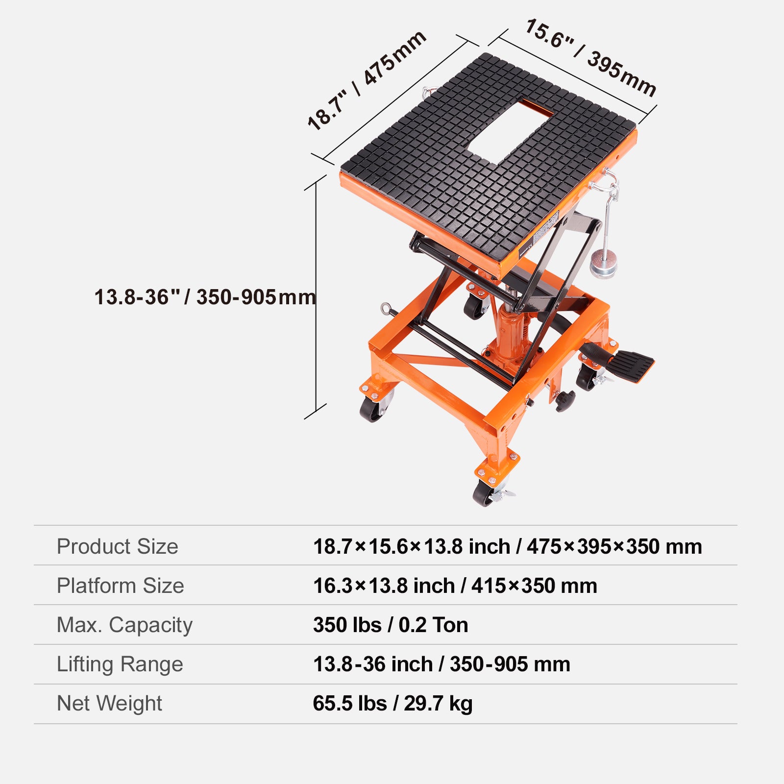 Hydraulic Motorcycle Lift Table, 350 LBS Capacity Motorcycle Scissor Jack Lift with Wide Deck, J-hooks, 4 Wheels, Hydraulic Foot-Operated Jack Stand for ATV Dirt Bikes