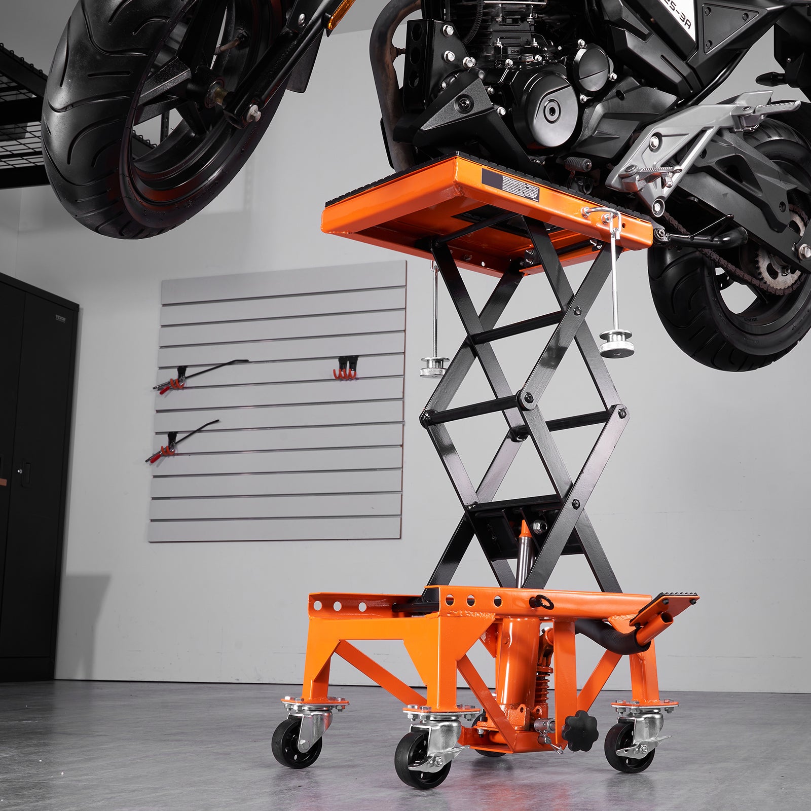 Hydraulic Motorcycle Lift Table, 350 LBS Capacity Motorcycle Scissor Jack Lift with Wide Deck, J-hooks, 4 Wheels, Hydraulic Foot-Operated Jack Stand for ATV Dirt Bikes