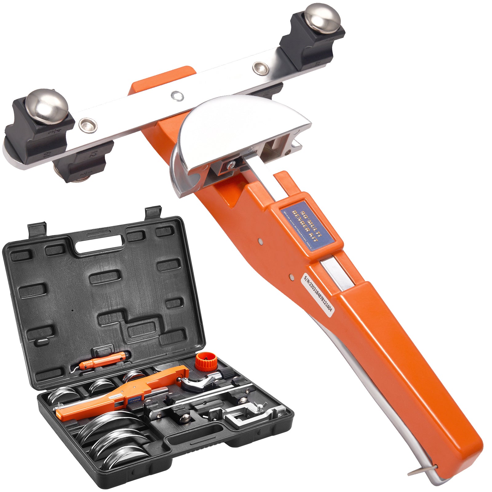 Pipe Tube Bender, 1/4"-7/8" O.D. Ratcheting Tubing Bender, 90° Forward/Reverse Pipes Bending Tools with 7 Dies and Pipe Cutter for HVAC Air Conditioning Refrigerator Repair