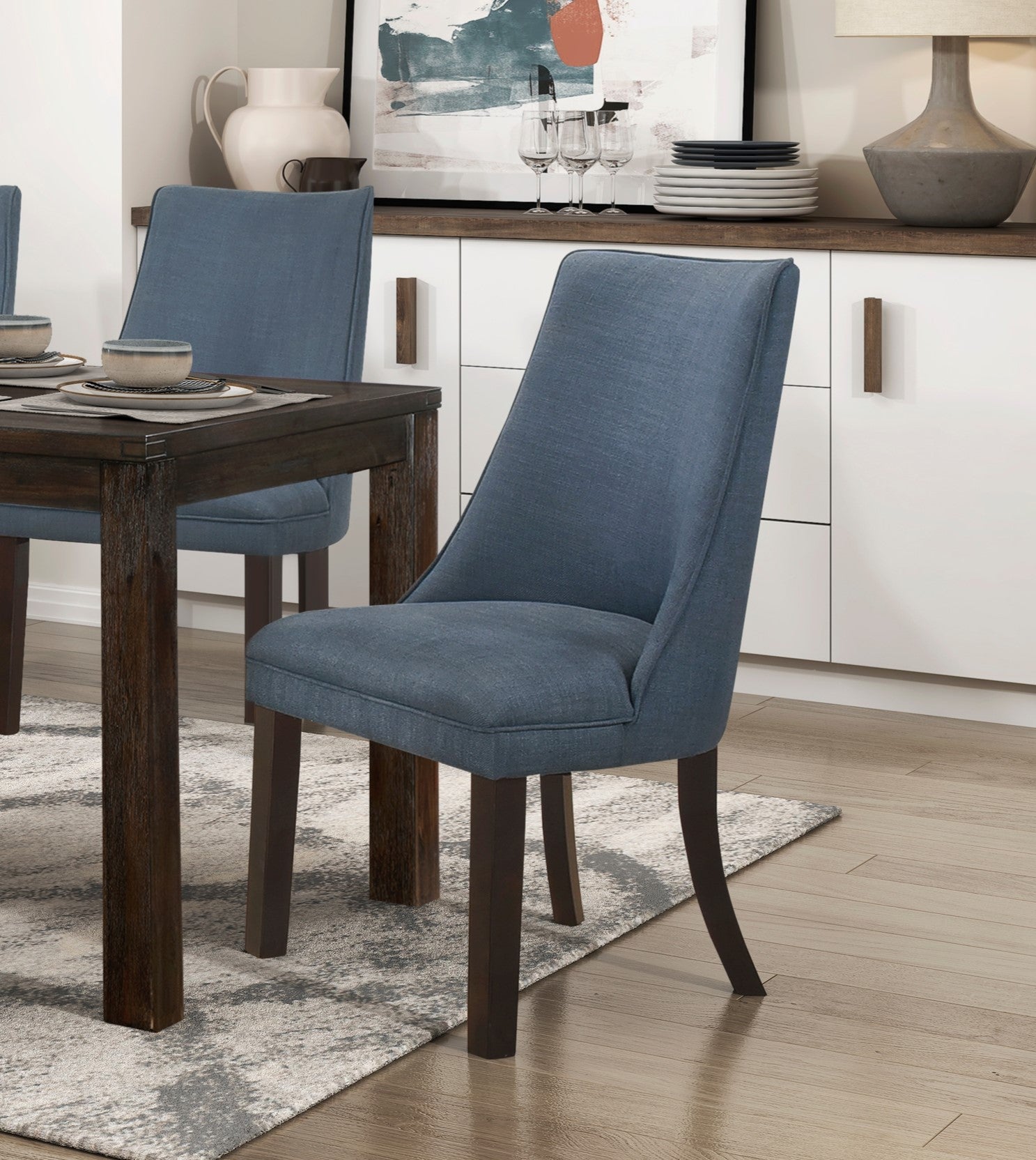 Blue Textured Fabric Upholstered Side Chairs Set of 2, Dark Walnut Finish Wooden Legs Modern Dining Kitchen Furniture