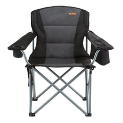 Camping Folding Chair for Adults, Portable Heavy Duty Outdoor Quad Lumbar Back Padded Arm Chairs with Side Pockets, Cup Holder and Cooler Bag for Beach, Lawn, Picnic, Fishing, Backpacking, Black