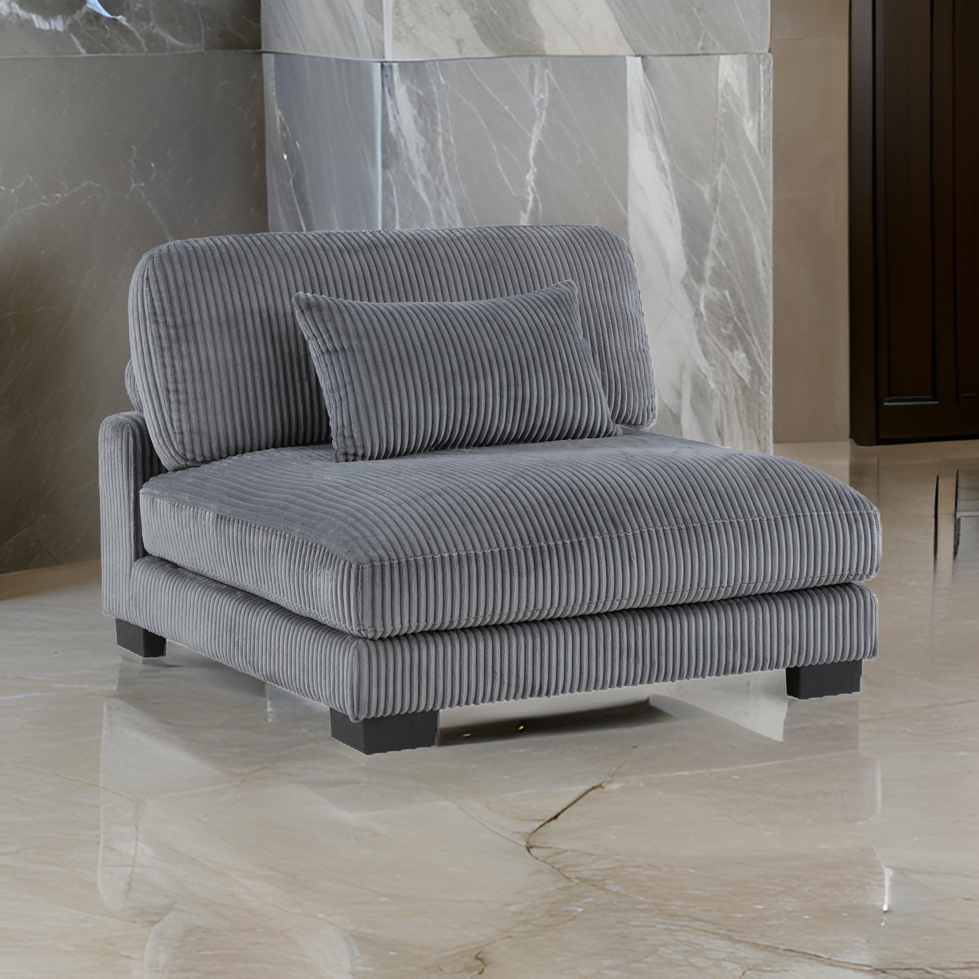 Rix 45 inch Modular Armless Chair, Gray Corduroy Fabric, Black Wood Legs