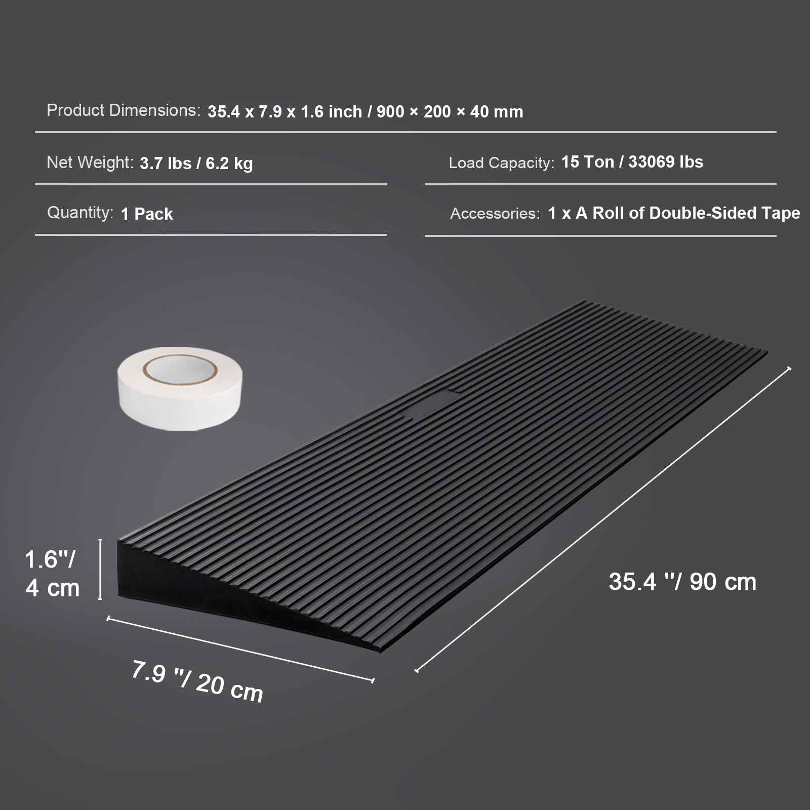 1.6" Rise Cuttable Threshold Ramp for Sweeping Robot, 35.4" Wide Natural Rubber Wheelchair Ramp, Non-Slip Solid Rubber Ramp with Double-Sided Tape for Doorways, Driveways, Bathroom, Smooth Tile