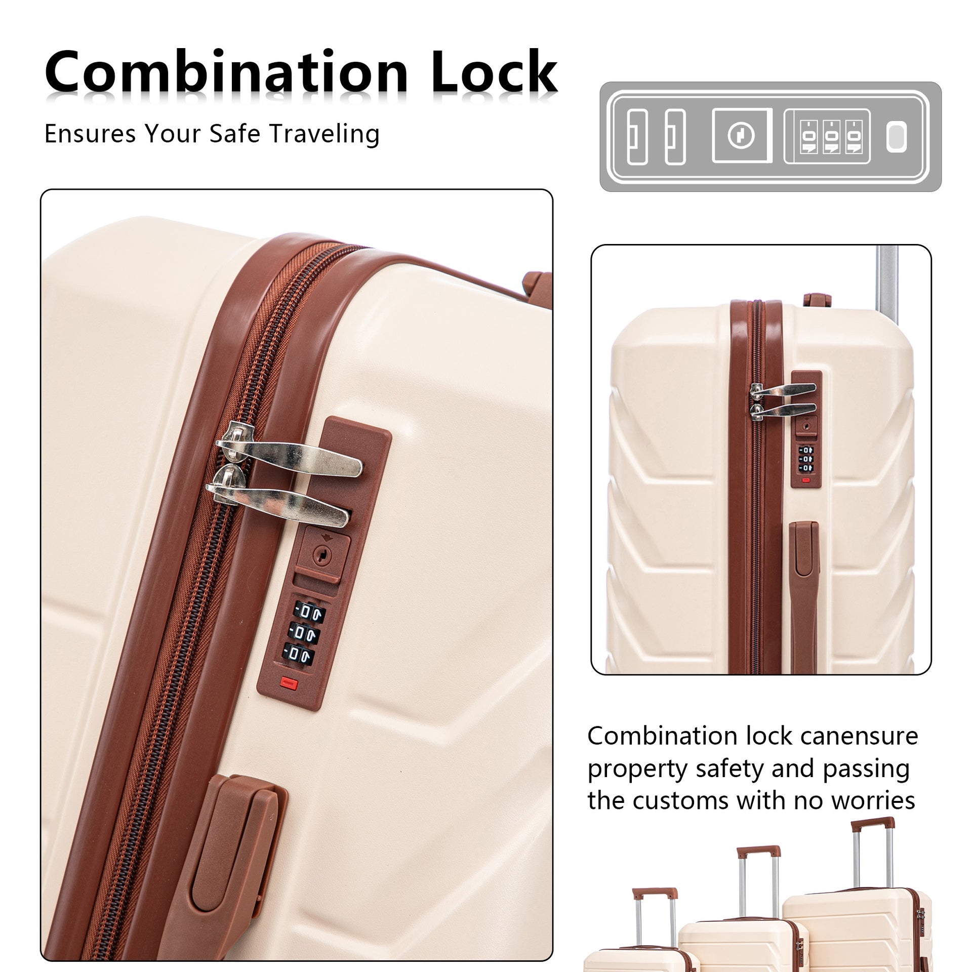 HIFINE TOURIST 20"/24"/28" 3 pcs/set in ABS Spinner Wheel Luggage, Matching Color , With Combination Lock (Beige)
