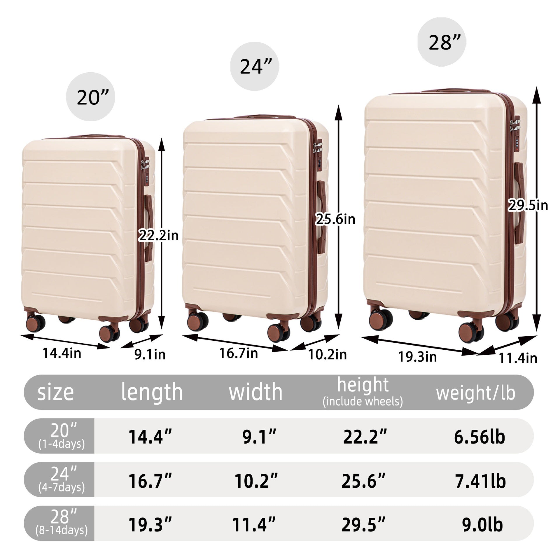 HIFINE TOURIST 20"/24"/28" 3 pcs/set in ABS Spinner Wheel Luggage, Matching Color , With Combination Lock (Beige)