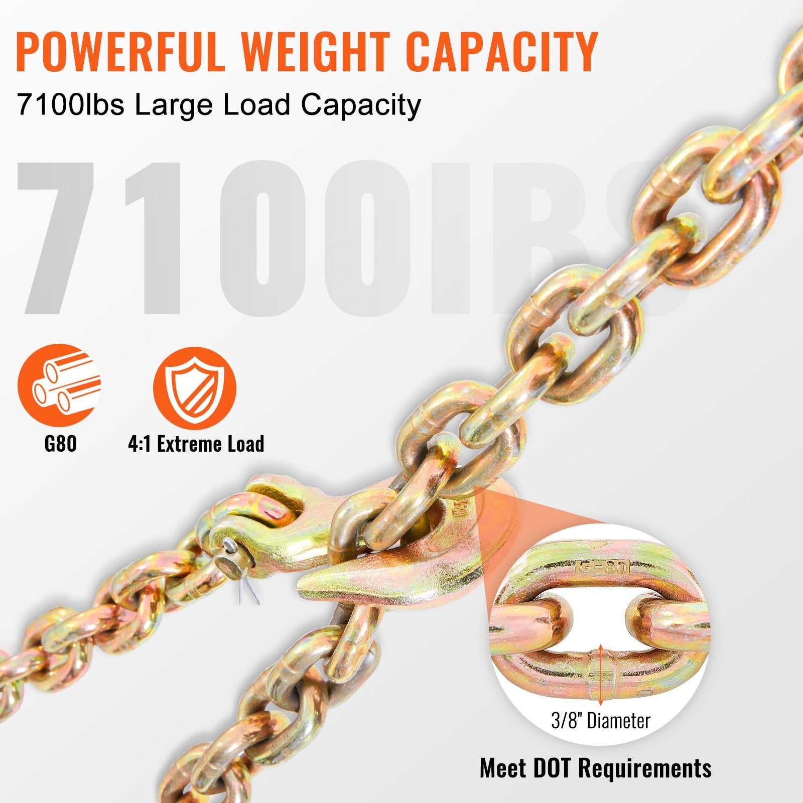 Transport Binder Chain, 7100lbs Working Load Limit, 3/8''x20' G80 Tow Chain Tie Down with Grab Hooks, DOT Certified, Galvanized Coating Manganese Steel for Dock Factory Construction Site, 2 Pack