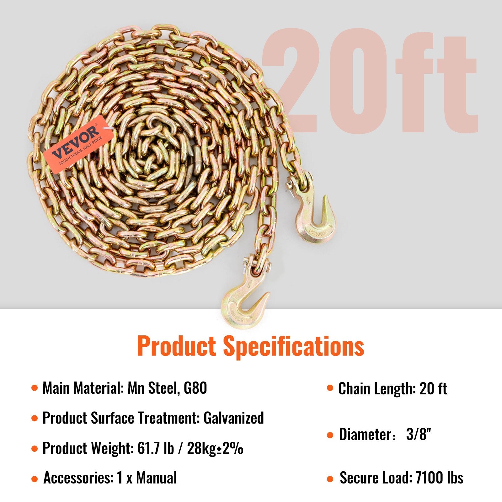 Transport Binder Chain, 7100lbs Working Load Limit, 3/8''x20' G80 Tow Chain Tie Down with Grab Hooks, DOT Certified, Galvanized Coating Manganese Steel for Dock Factory Construction Site, 2 Pack