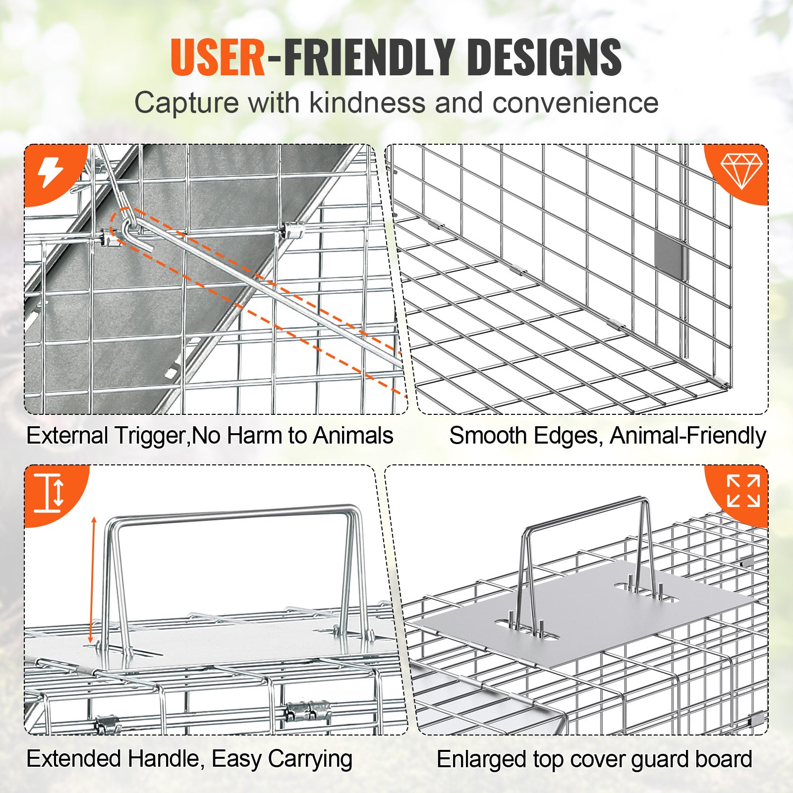 Live Animal Cage Trap, 31" x 10" x 12" Humane Cat Trap Galvanized Iron, Folding Animal Trap with Handle for Rabbits, Stray Cats, Squirrels, Raccoons, Groundhogs and Opossums