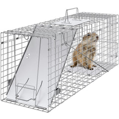 Live Animal Cage Trap, 31" x 10" x 12" Humane Cat Trap Galvanized Iron, Folding Animal Trap with Handle for Rabbits, Stray Cats, Squirrels, Raccoons, Groundhogs and Opossums