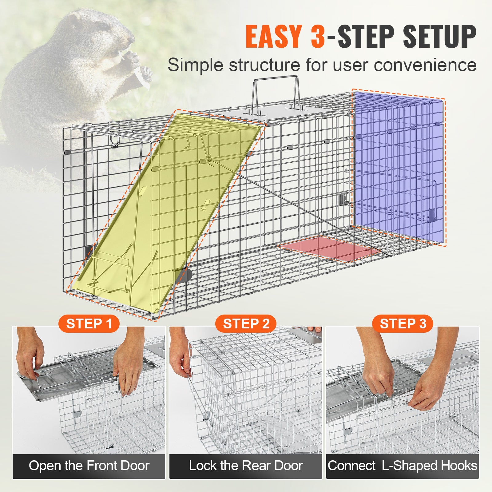 Live Animal Cage Trap, 31" x 10" x 12" Humane Cat Trap Galvanized Iron, Folding Animal Trap with Handle for Rabbits, Stray Cats, Squirrels, Raccoons, Groundhogs and Opossums