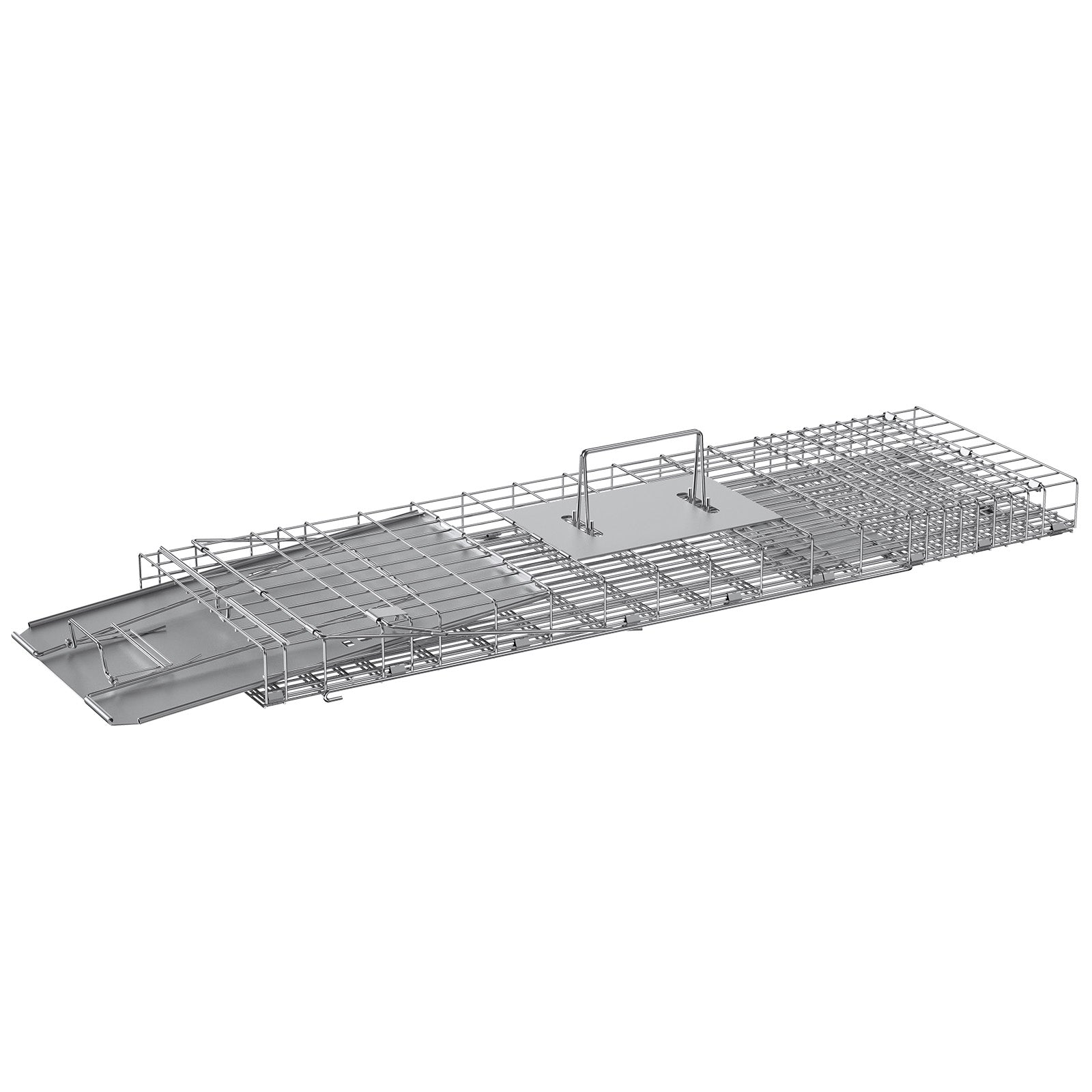 Live Animal Cage Trap, 31" x 10" x 12" Humane Cat Trap Galvanized Iron, Folding Animal Trap with Handle for Rabbits, Stray Cats, Squirrels, Raccoons, Groundhogs and Opossums