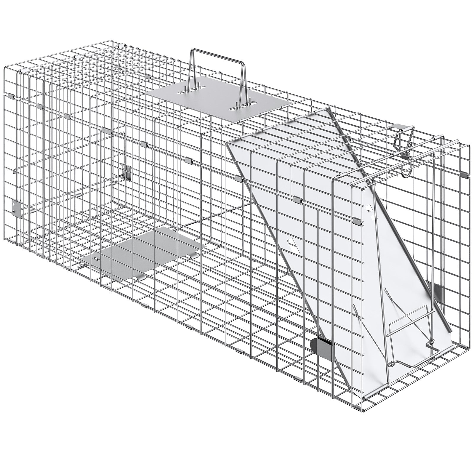 Live Animal Cage Trap, 31" x 10" x 12" Humane Cat Trap Galvanized Iron, Folding Animal Trap with Handle for Rabbits, Stray Cats, Squirrels, Raccoons, Groundhogs and Opossums