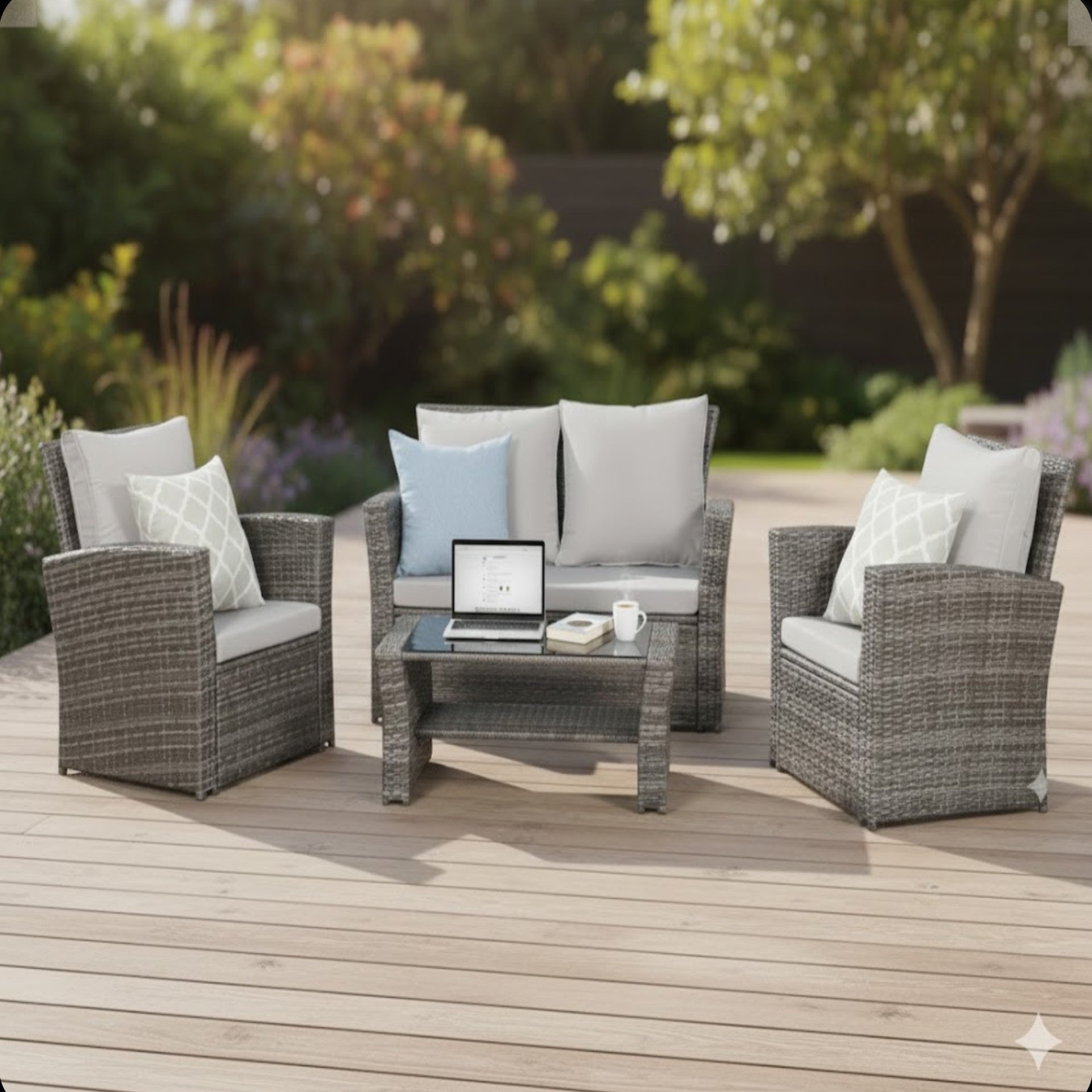 4-Piece All Weather Wicker Patio Conversation Set with Gray Cushions and Glass Table
